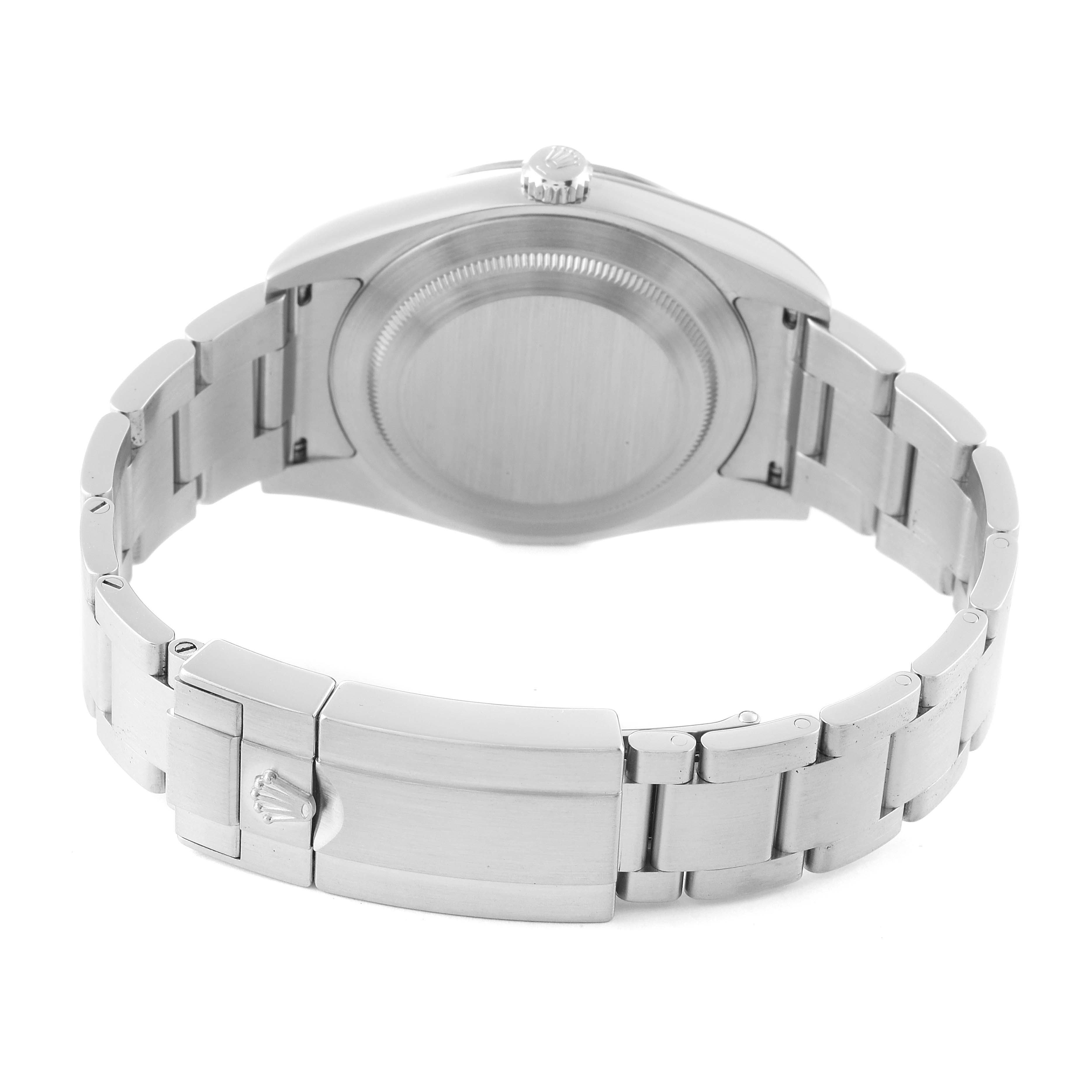 The image shows the back view of a Rolex Explorer 214270 Men's Stainless Steel Black Dial 214270 Men's Stainless Steel Black Dial watch, highlighting the clasp, bracelet, and case back.