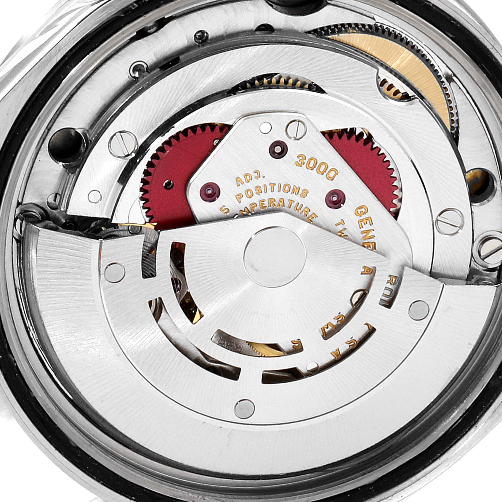 This is a close-up view of the internal mechanics of a Rolex Explorer 14270 Men's Stainless Steel Black Dial 14270 Men's Stainless Steel Black Dial watch, showcasing the movement and various gears.