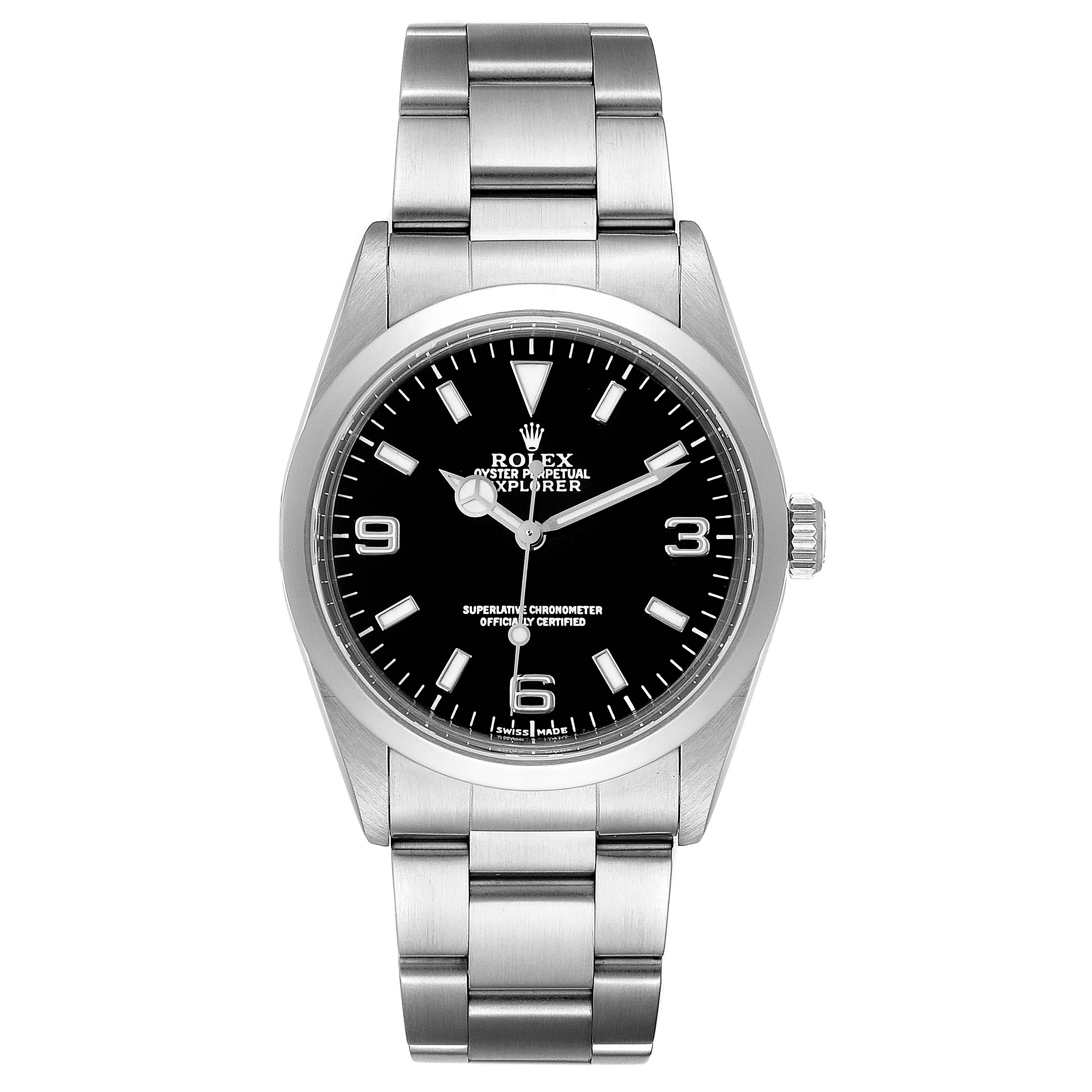 The image shows a front view of the Rolex Explorer 14270 Men's Stainless Steel Black Dial 14270 Men's Stainless Steel Black Dial watch, highlighting its black dial, hour markers, and stainless steel bracelet.