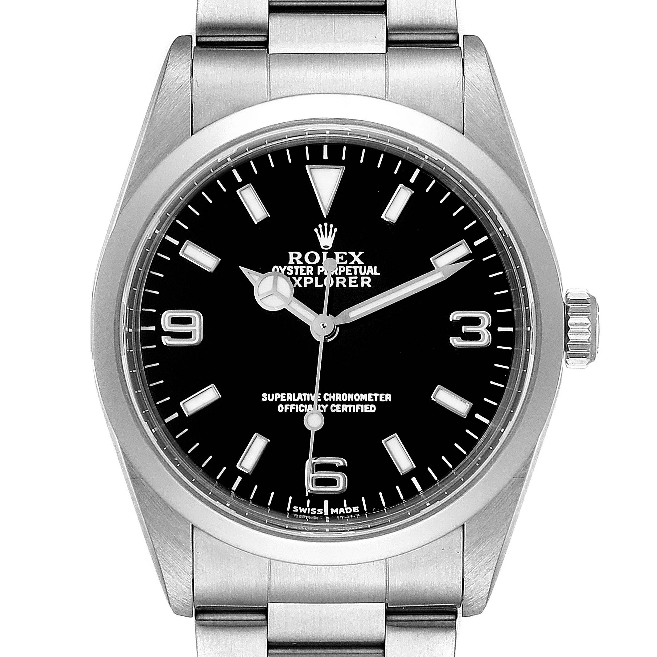 This is a frontal view of the Rolex Explorer 14270 Men's Stainless Steel Black Dial 14270 Men's Stainless Steel Black Dial watch, showing the dial, hands, and part of the bracelet.
