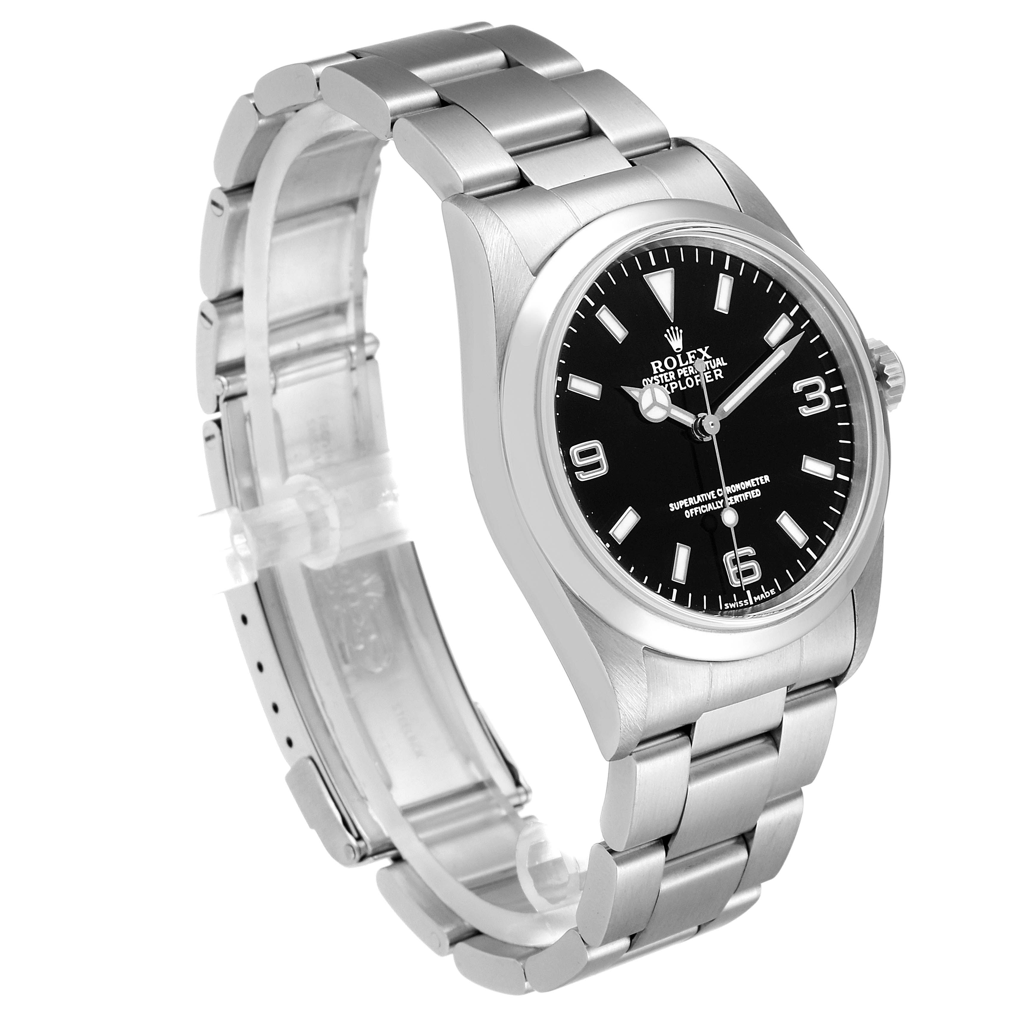 The image shows a Rolex Explorer 14270 Men's Stainless Steel Black Dial 14270 Men's Stainless Steel Black Dial watch at an angle featuring its face, bezel, crown, and bracelet.