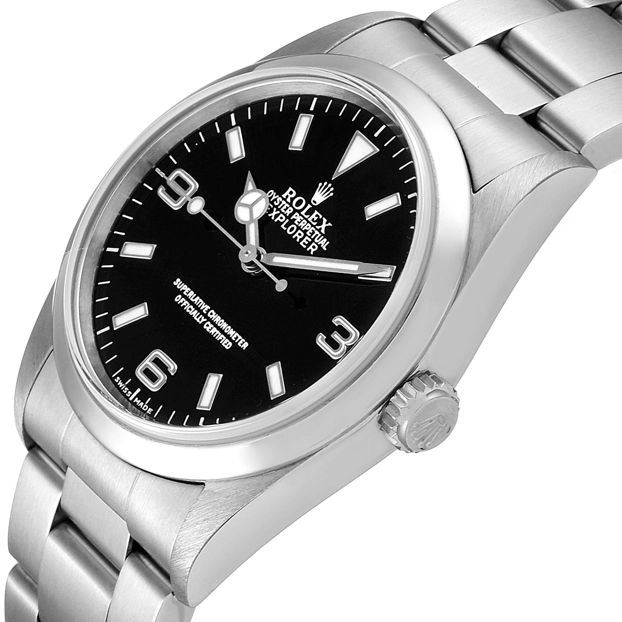 The image shows a Rolex Explorer 14270 Men's Stainless Steel Black Dial 14270 Men's Stainless Steel Black Dial watch at a three-quarter angle, highlighting the face, bezel, crown, and bracelet.