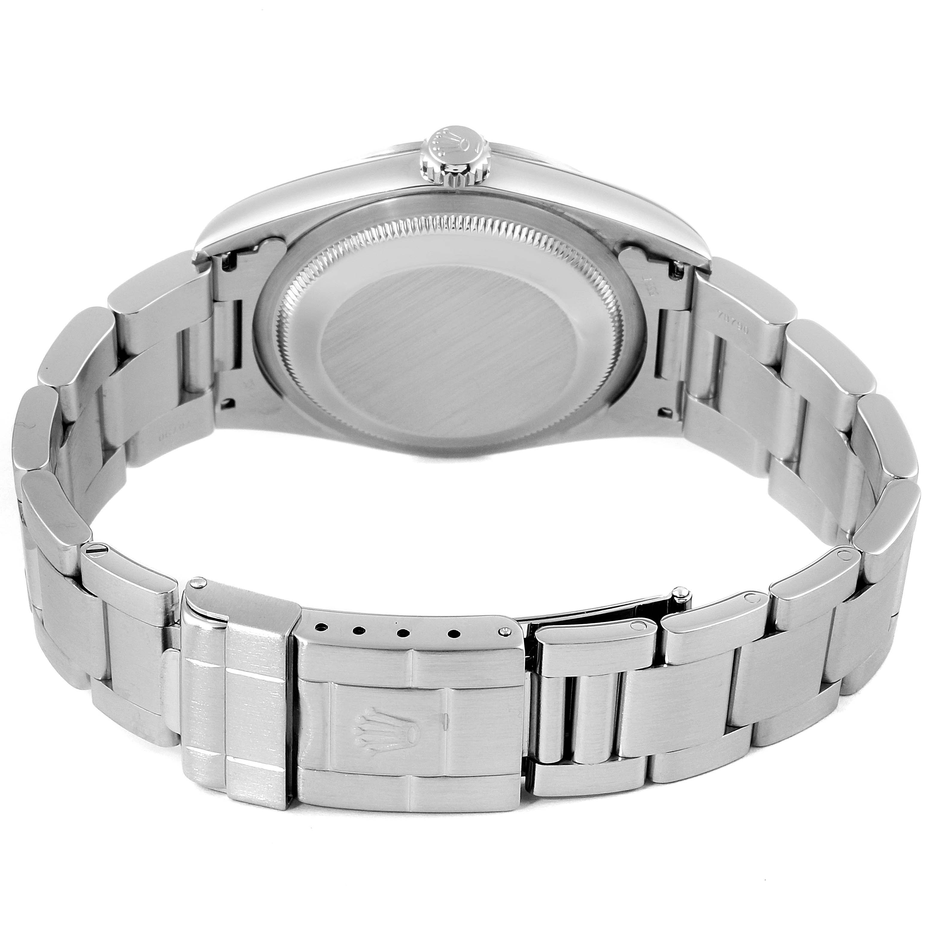 The image shows the back and clasp of a Rolex Explorer 14270 Men's Stainless Steel Black Dial 14270 Men's Stainless Steel Black Dial watch, focusing on the case back, bracelet, and deployment clasp.