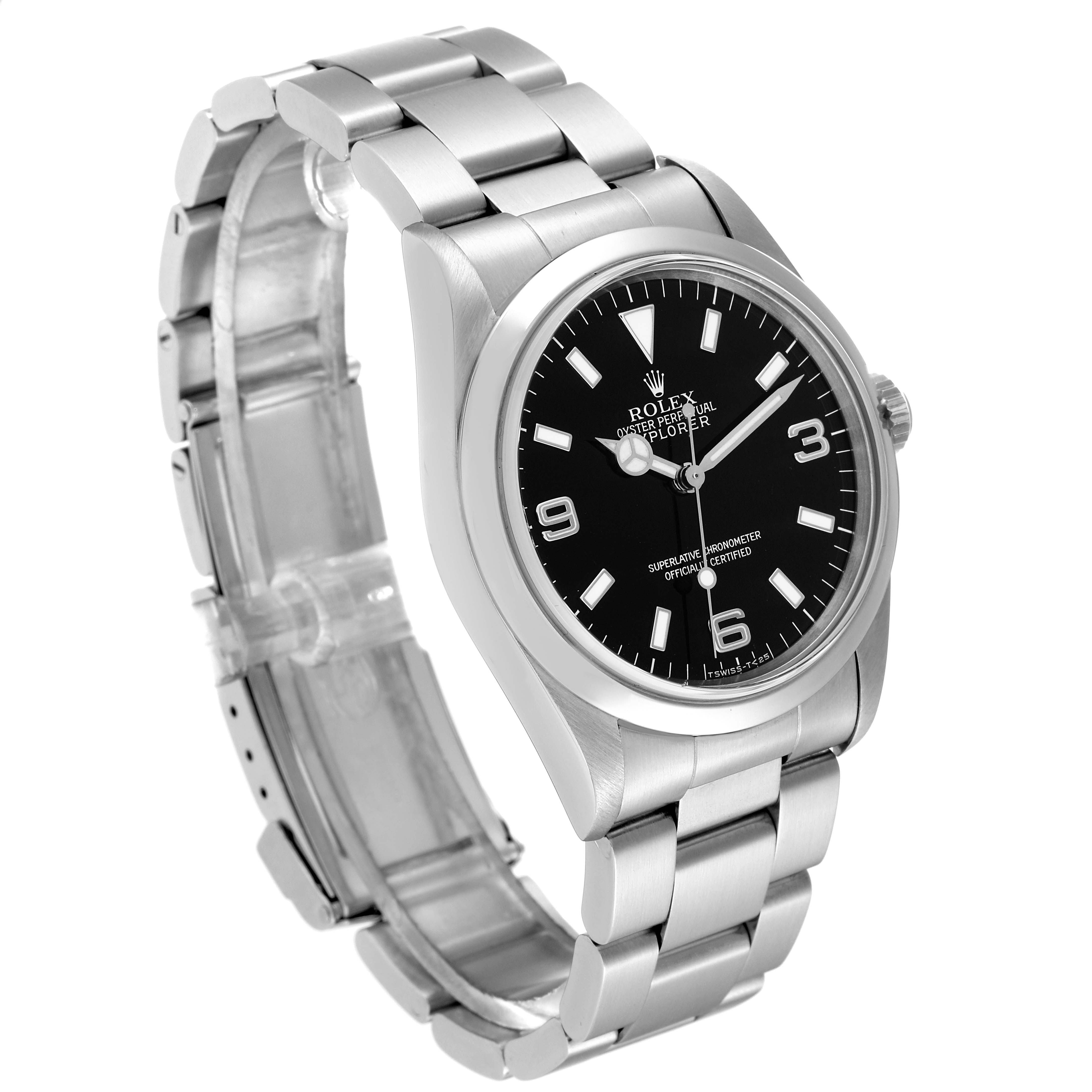 The image shows a front angle of a Rolex Explorer 14270 Men
s Stainless Steel Black Dial 14270 Men
s Stainless Steel Black Dial watch including the face, bezel, bracelet, and crown.