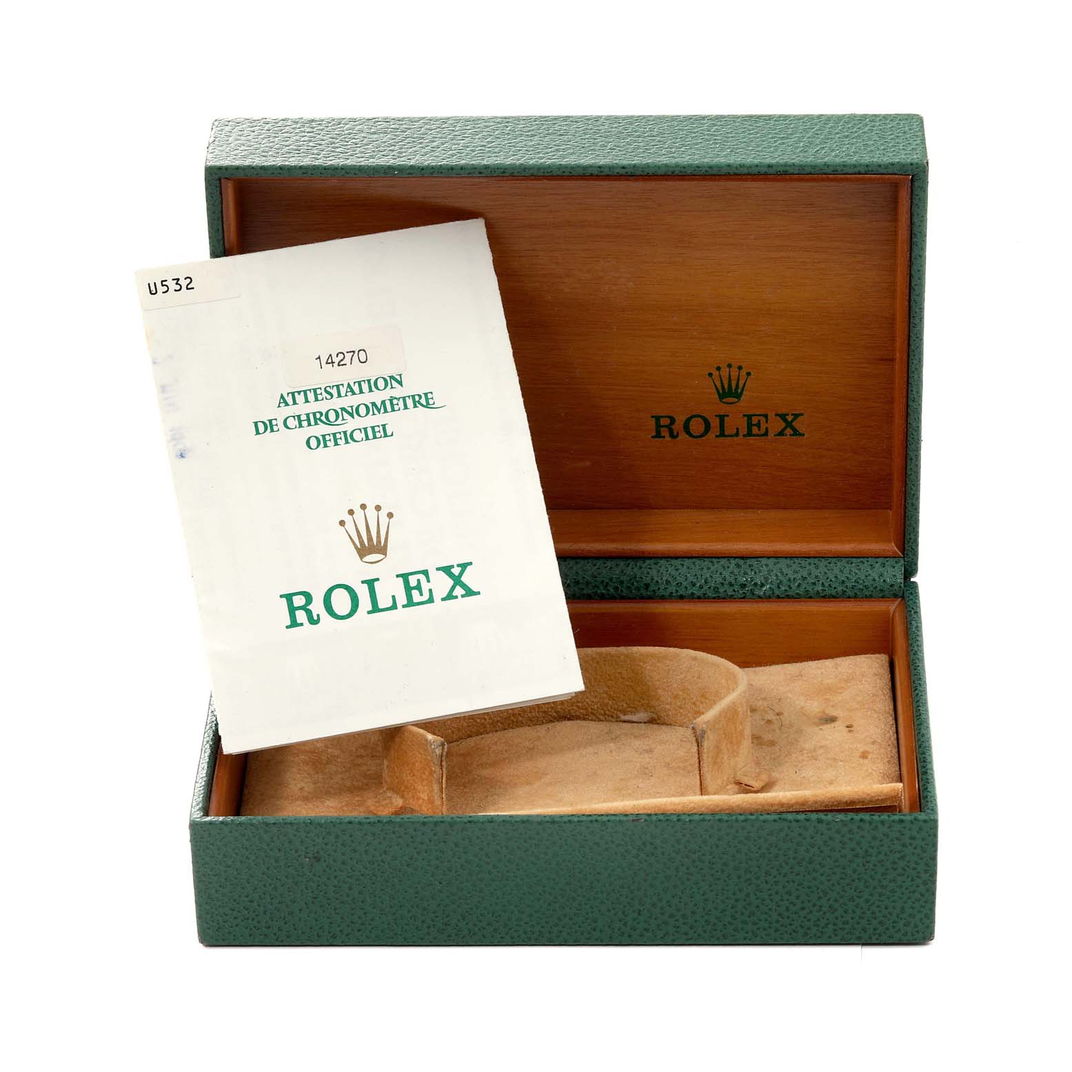 The image shows an open Rolex Explorer 14270 Men
s Stainless Steel Black Dial 14270 Men
s Stainless Steel Black Dial watch box with an official chronometer certification paper inside.