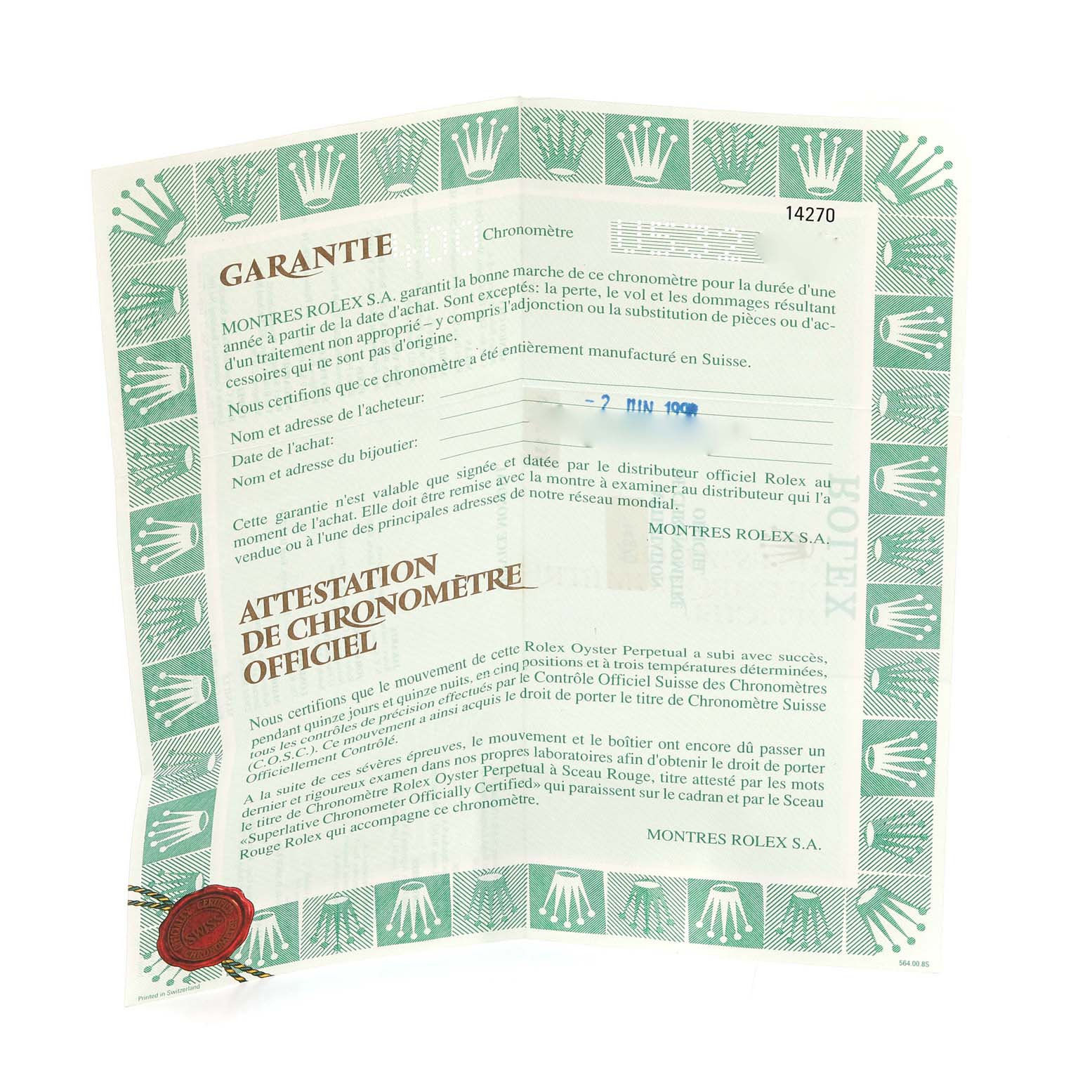 This image shows the warranty and chronometer certification paperwork for a Rolex Explorer 14270 Men
s Stainless Steel Black Dial 14270 Men
s Stainless Steel Black Dial model, laid out flat.