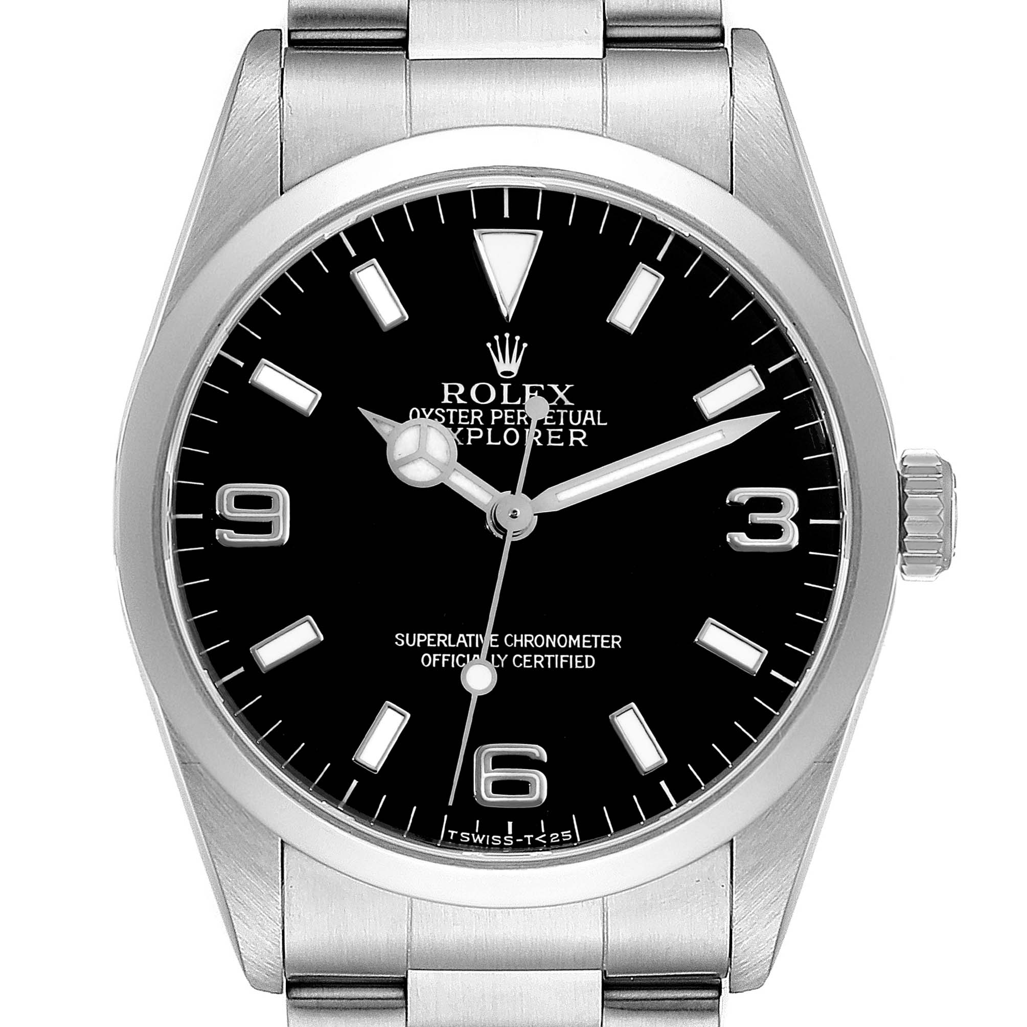 The image shows a front view of the Rolex Explorer 14270 Men
s Stainless Steel Black Dial 14270 Men
s Stainless Steel Black Dial watch, displaying its black dial, hour markers, hands, and part of the bracelet.