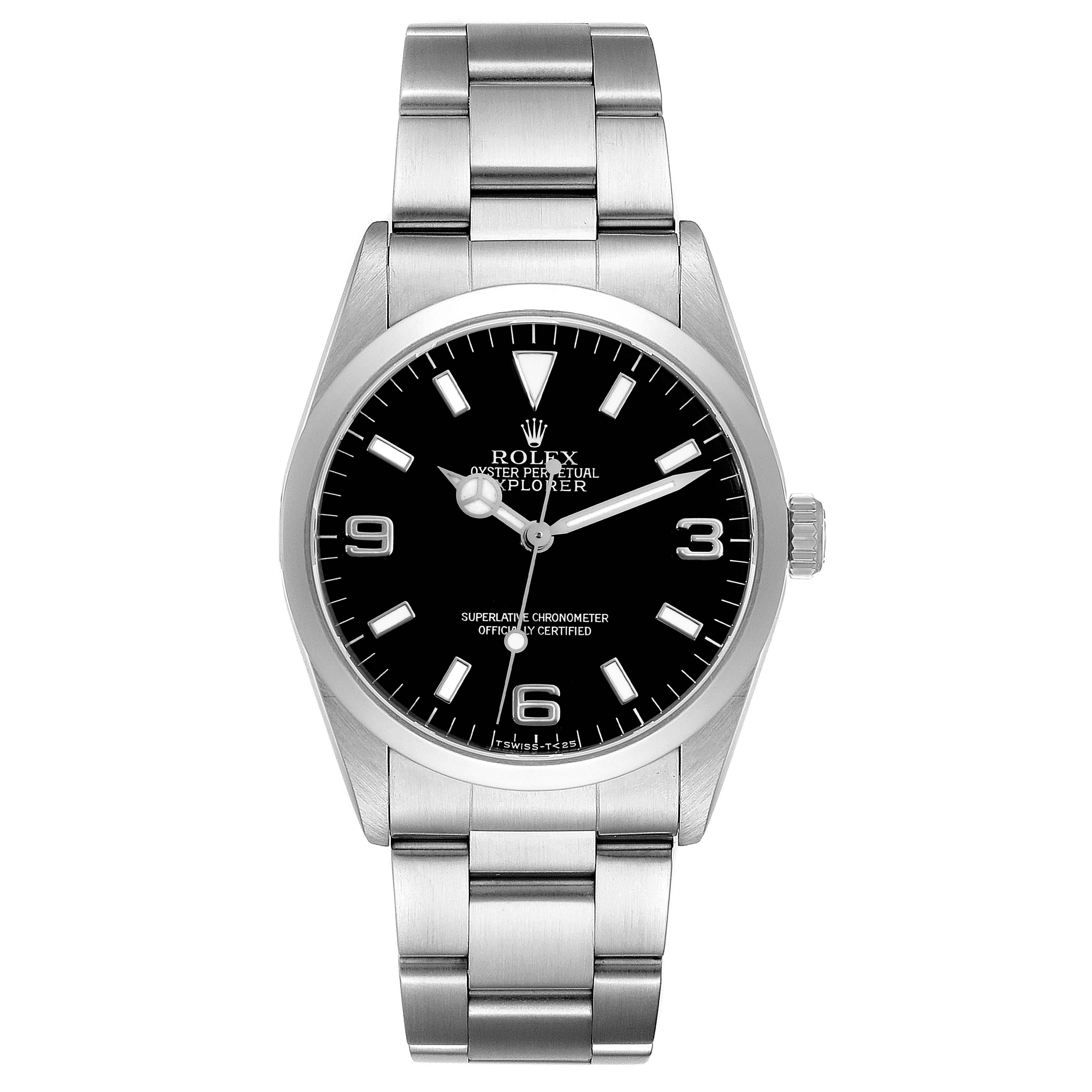 The image shows a front view of a Rolex Explorer 14270 Men
s Stainless Steel Black Dial 14270 Men
s Stainless Steel Black Dial watch, highlighting its dial, bezel, and bracelet.