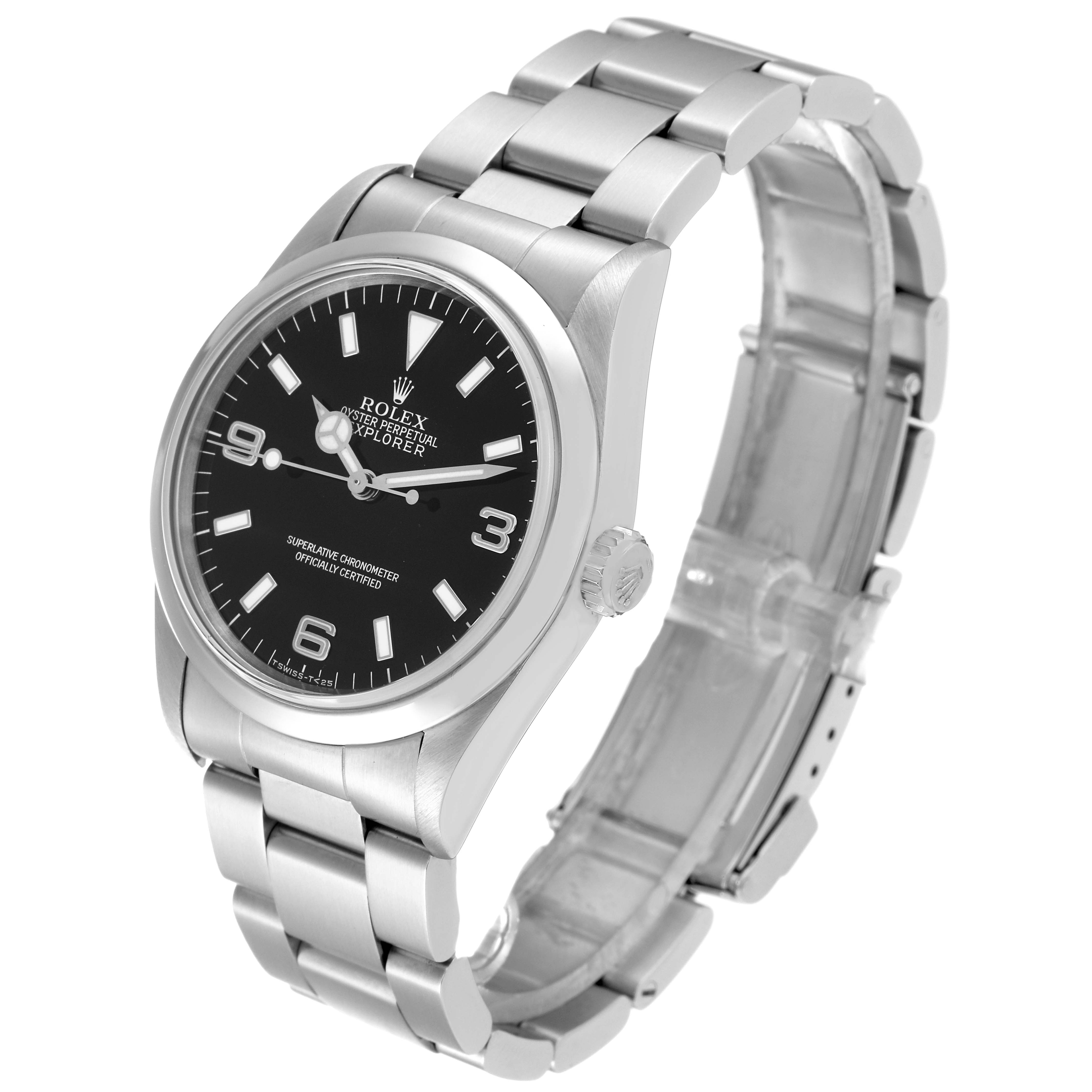 The Rolex Explorer 14270 Men
s Stainless Steel Black Dial 14270 Men
s Stainless Steel Black Dial watch is shown from a three-quarter angle, highlighting the face, bezel, crown, and bracelet.