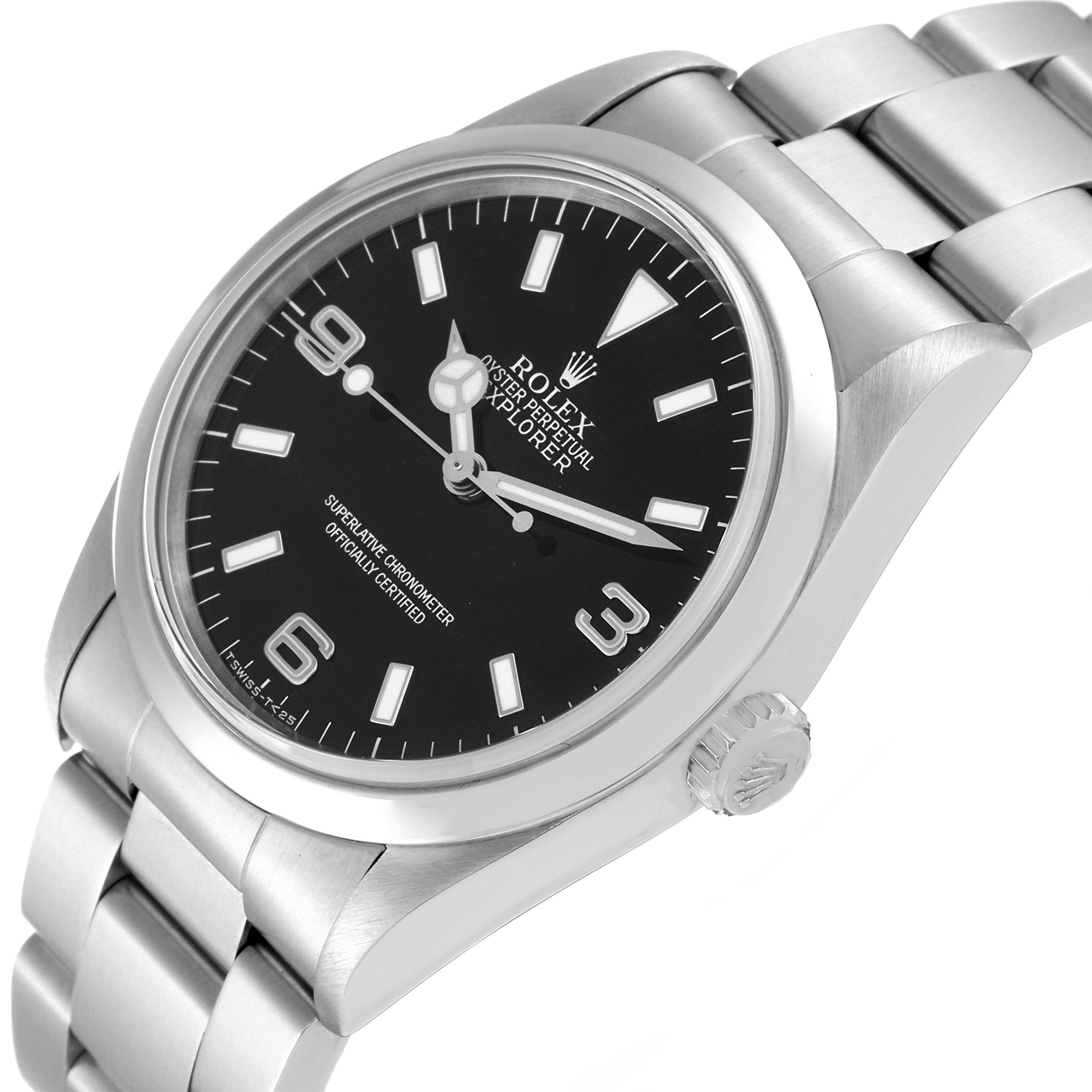 The image shows a Rolex Explorer 14270 Men
s Stainless Steel Black Dial 14270 Men
s Stainless Steel Black Dial watch at a three-quarter angle, highlighting the dial, crown, and stainless steel bracelet.