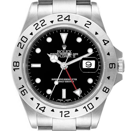 The Rolex Explorer II watch is shown from a frontal angle, highlighting its dial, bezel, and bracelet.