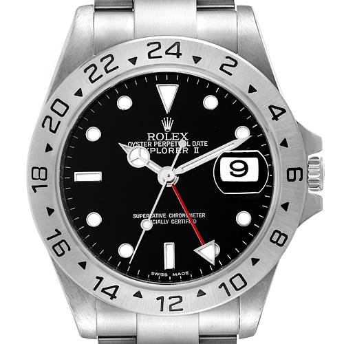 This Rolex Explorer II watch is shown from a front angle, highlighting its face, bezel, and crown.