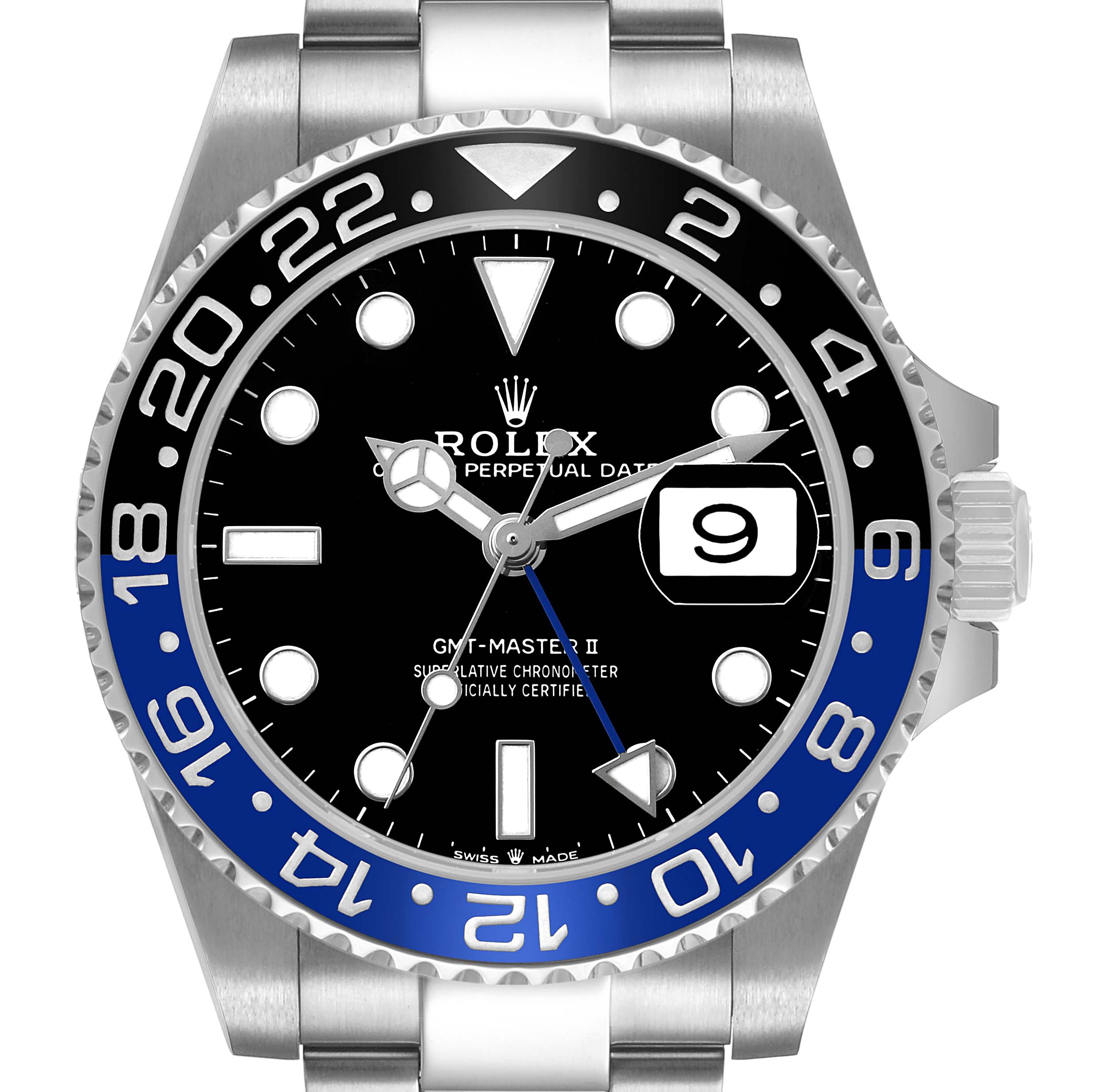 The image shows a front view of the Rolex GMT-Master 126710BLNR Men's Stainless Steel Black Dial II, highlighting the bezel, dial, hands, and crown.