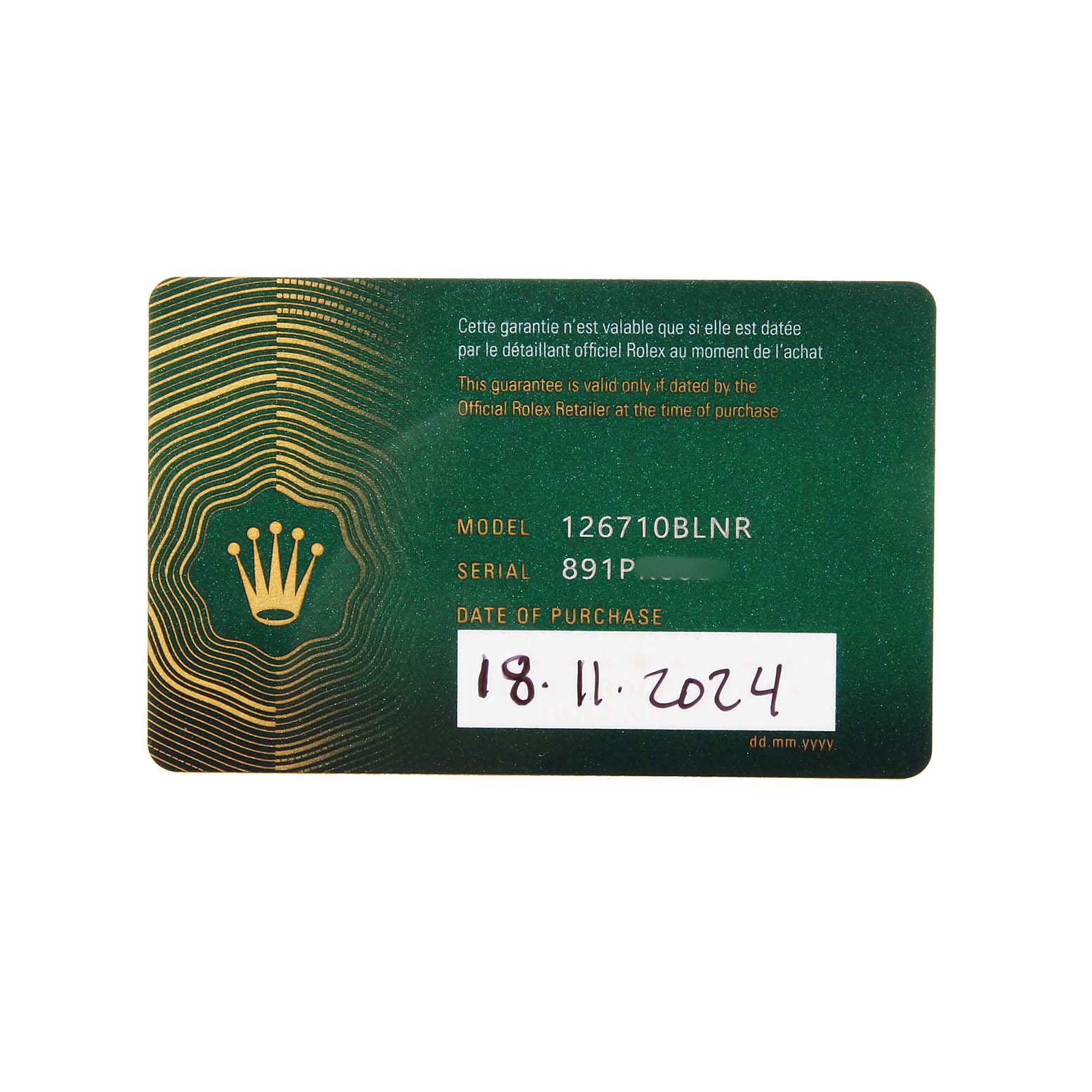 The image shows a guarantee card for the Rolex GMT-Master 126710BLNR Men's Stainless Steel Black Dial model, detailing the model number and purchase date.