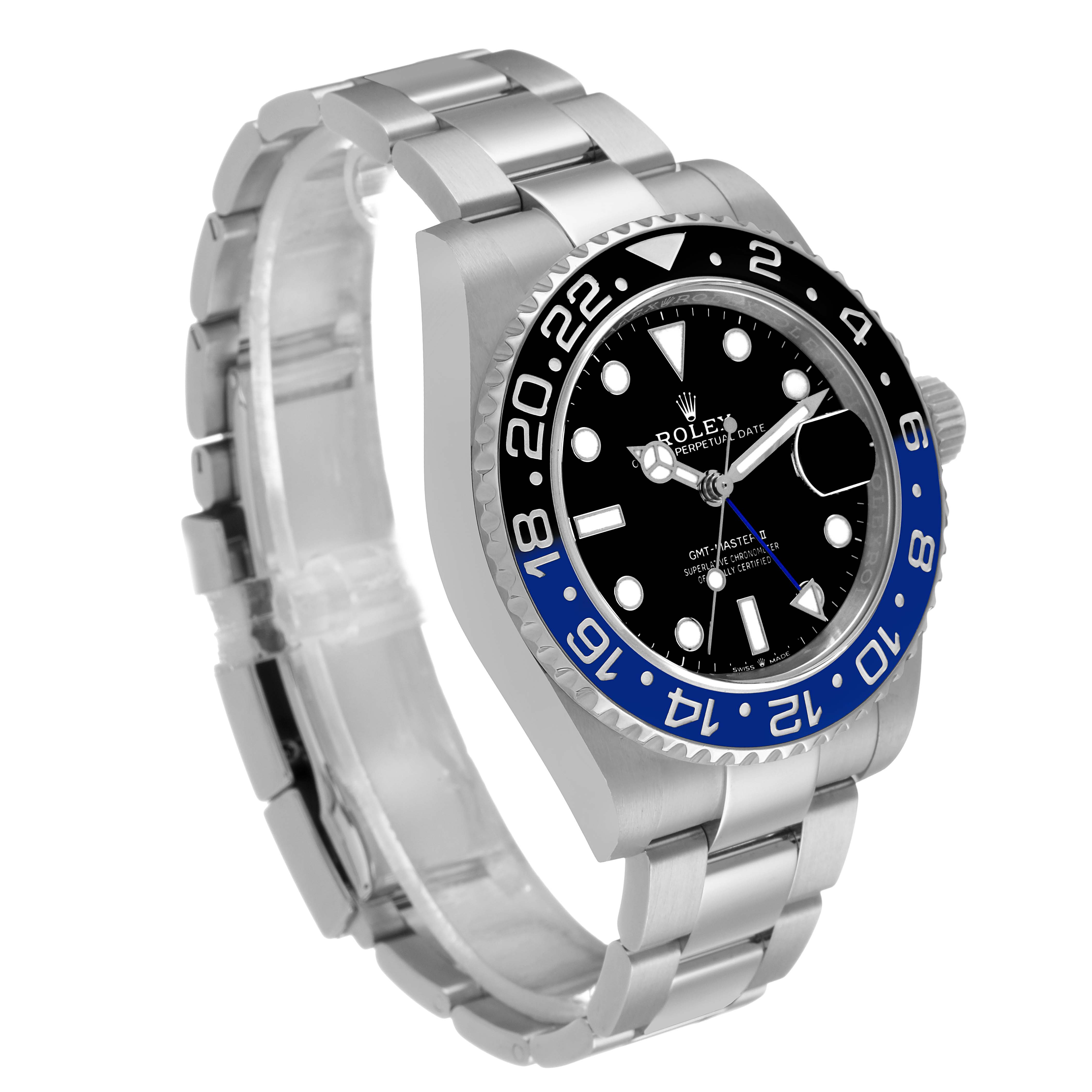 The Rolex GMT-Master 126710BLNR Men's Stainless Steel Black Dial watch is shown at a three-quarter angle, displaying the face, bezel, crown, and bracelet.