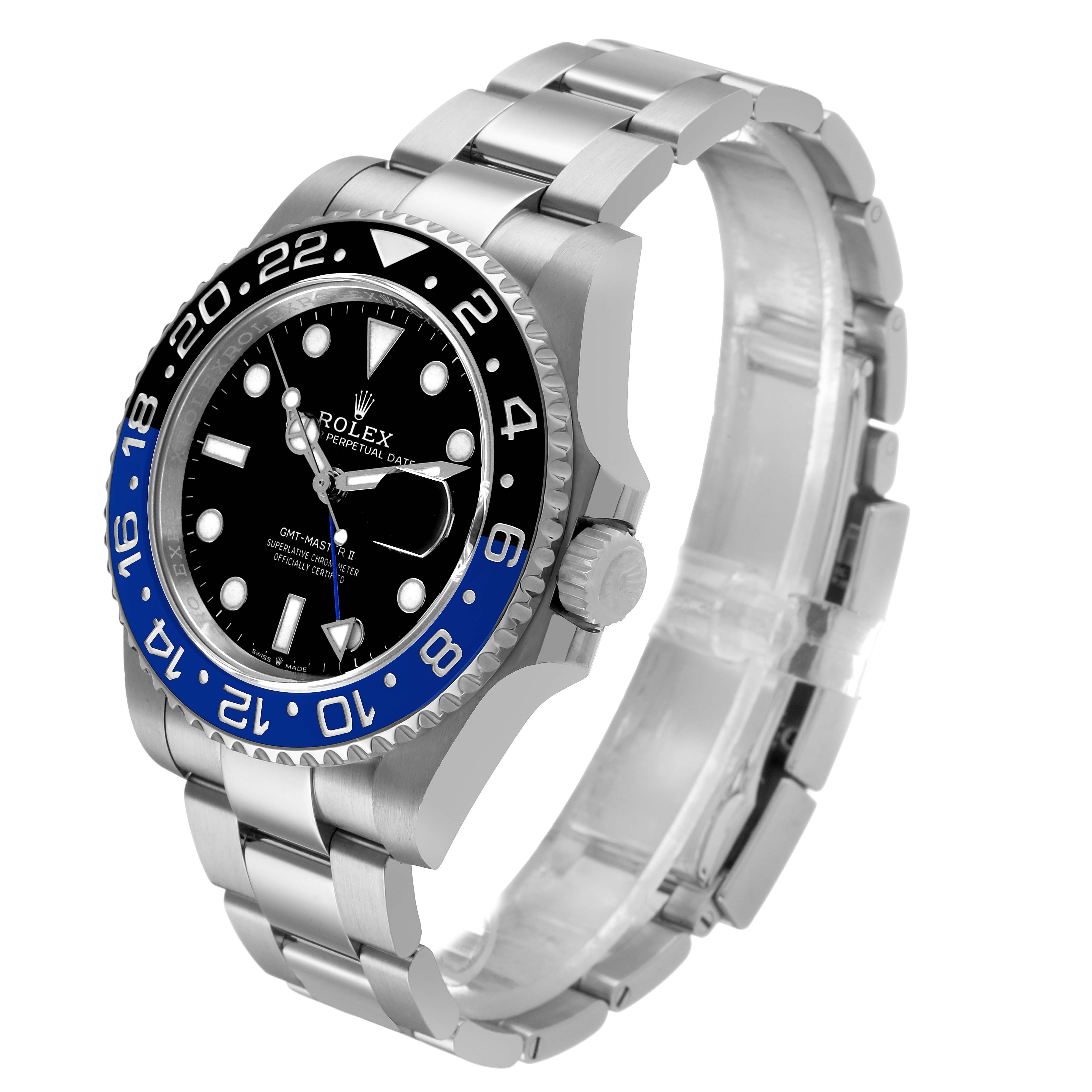 The Rolex GMT-Master 126710BLNR Men's Stainless Steel Black Dial watch is shown at a three-quarter angle, highlighting the bezel, crown, and bracelet.