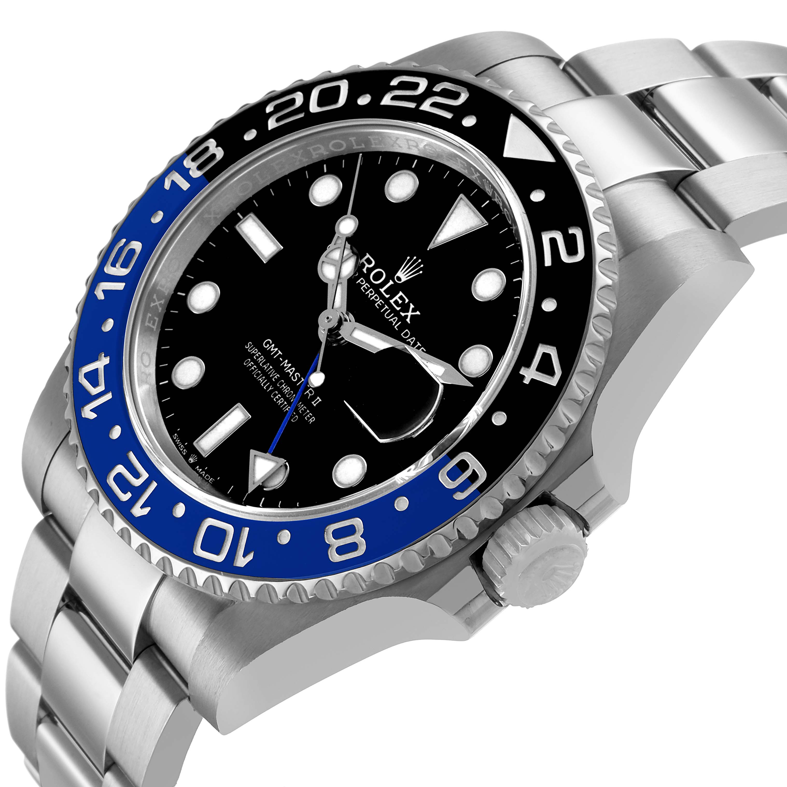 The Rolex GMT-Master 126710BLNR Men's Stainless Steel Black Dial watch is shown at an angled side view, highlighting the bezel, crown, and part of the bracelet.