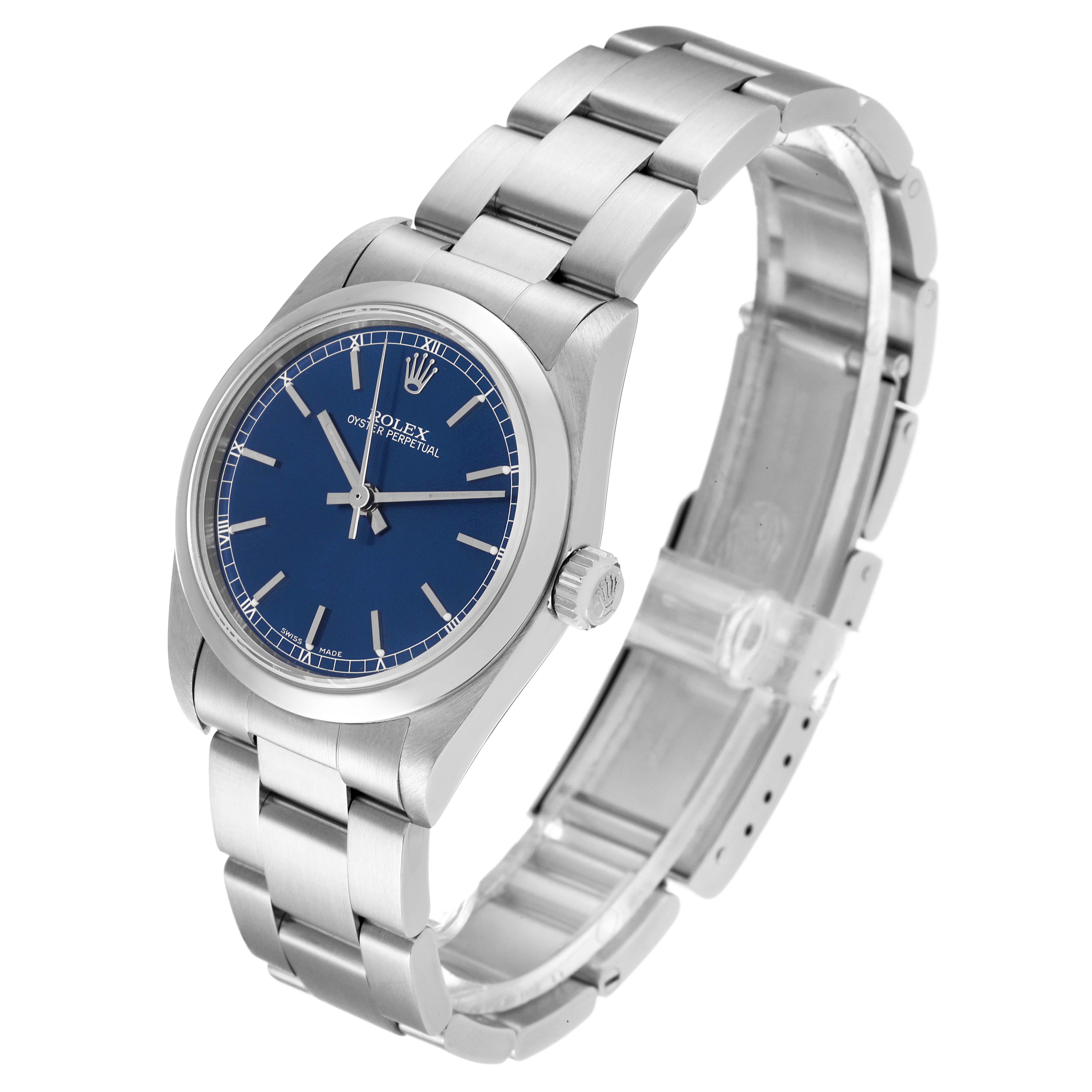 The image shows a Rolex Mid-Size 77080 Women
s Stainless Steel Blue Dial 77080 Women
s Stainless Steel Blue Dial Oyster Perpetual watch at a slight angled view, highlighting the blue dial, crown, and bracelet.