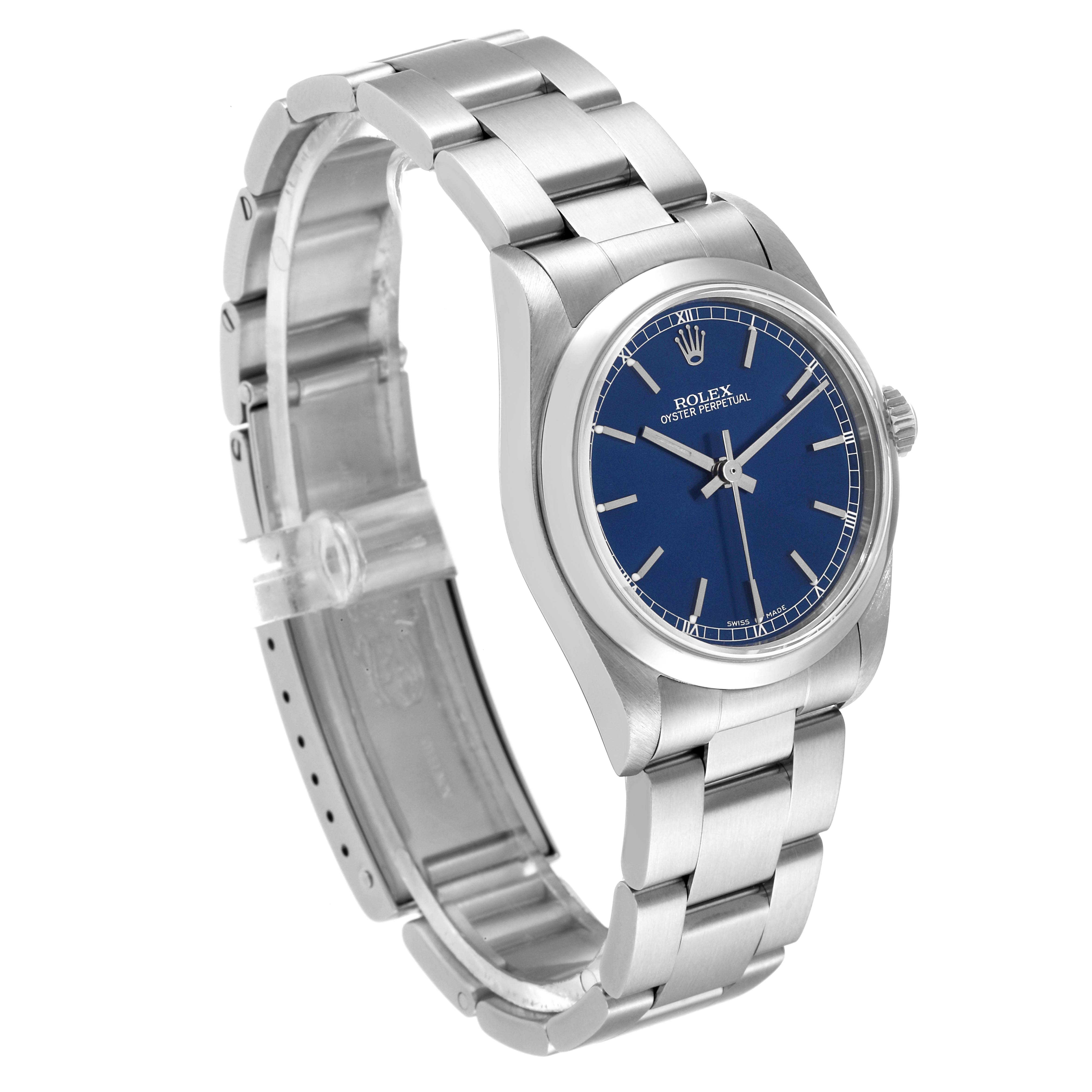 This image shows a Mid-Size Rolex Oyster Perpetual watch at an angular side view, displaying its face, bracelet, and clasp.