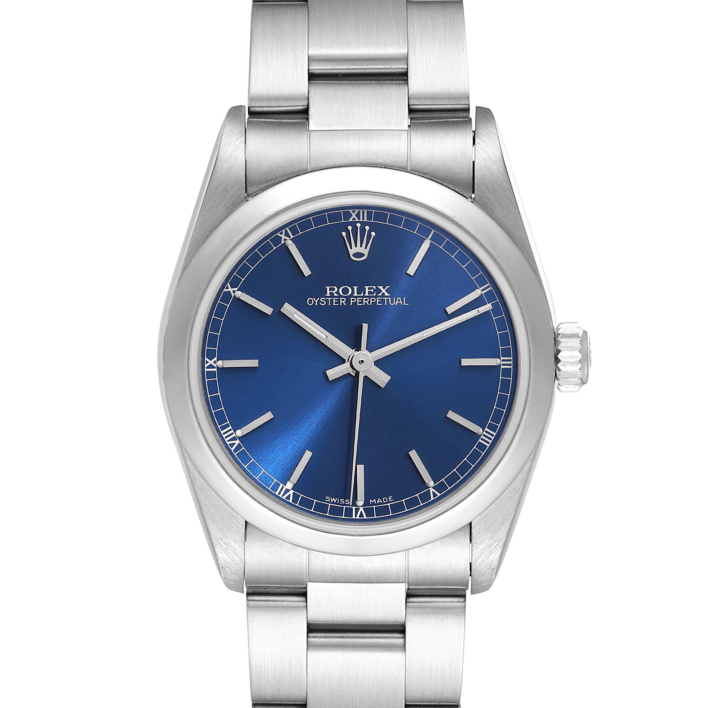 The image shows a front view of a Rolex Oyster Perpetual Mid-Size watch featuring a blue dial and silver bracelet.