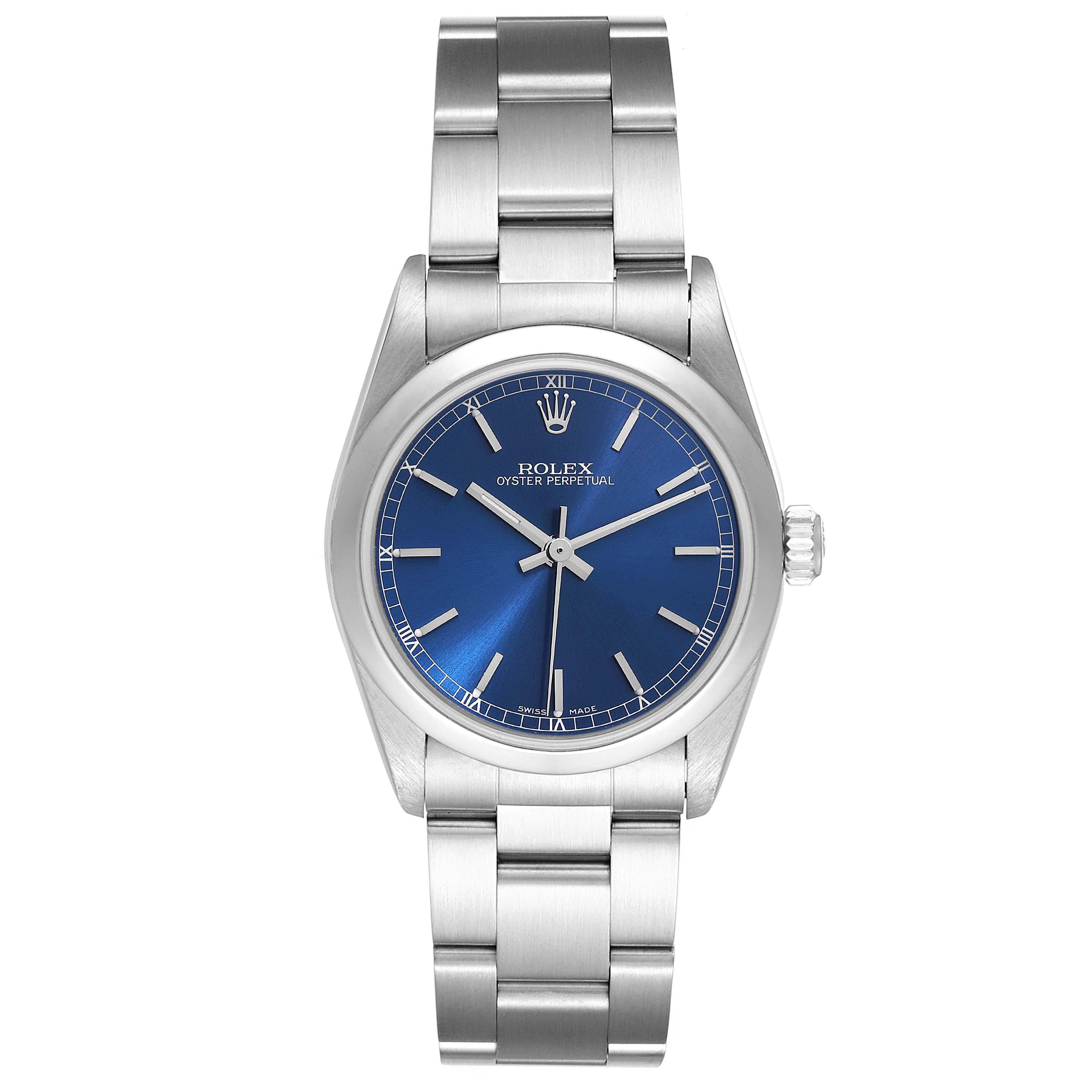 This image shows a front view of a Rolex Mid-Size 77080 Women
s Stainless Steel Blue Dial 77080 Women
s Stainless Steel Blue Dial Oyster Perpetual watch, highlighting its blue dial and silver bracelet.