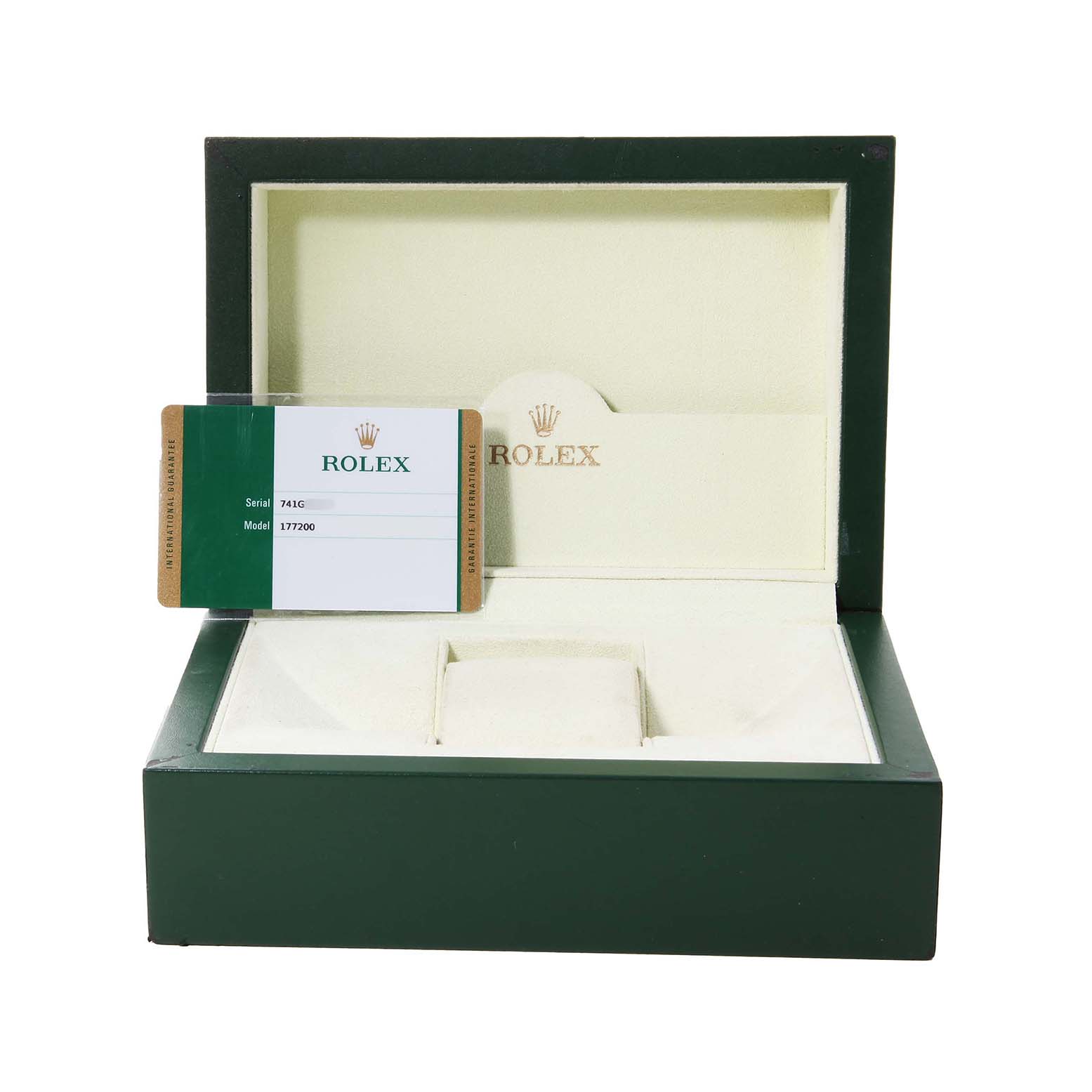 The image shows an empty Rolex Oyster Perpetual 177200 Women's Stainless Steel Grey Dial watch box with a warranty card in front.