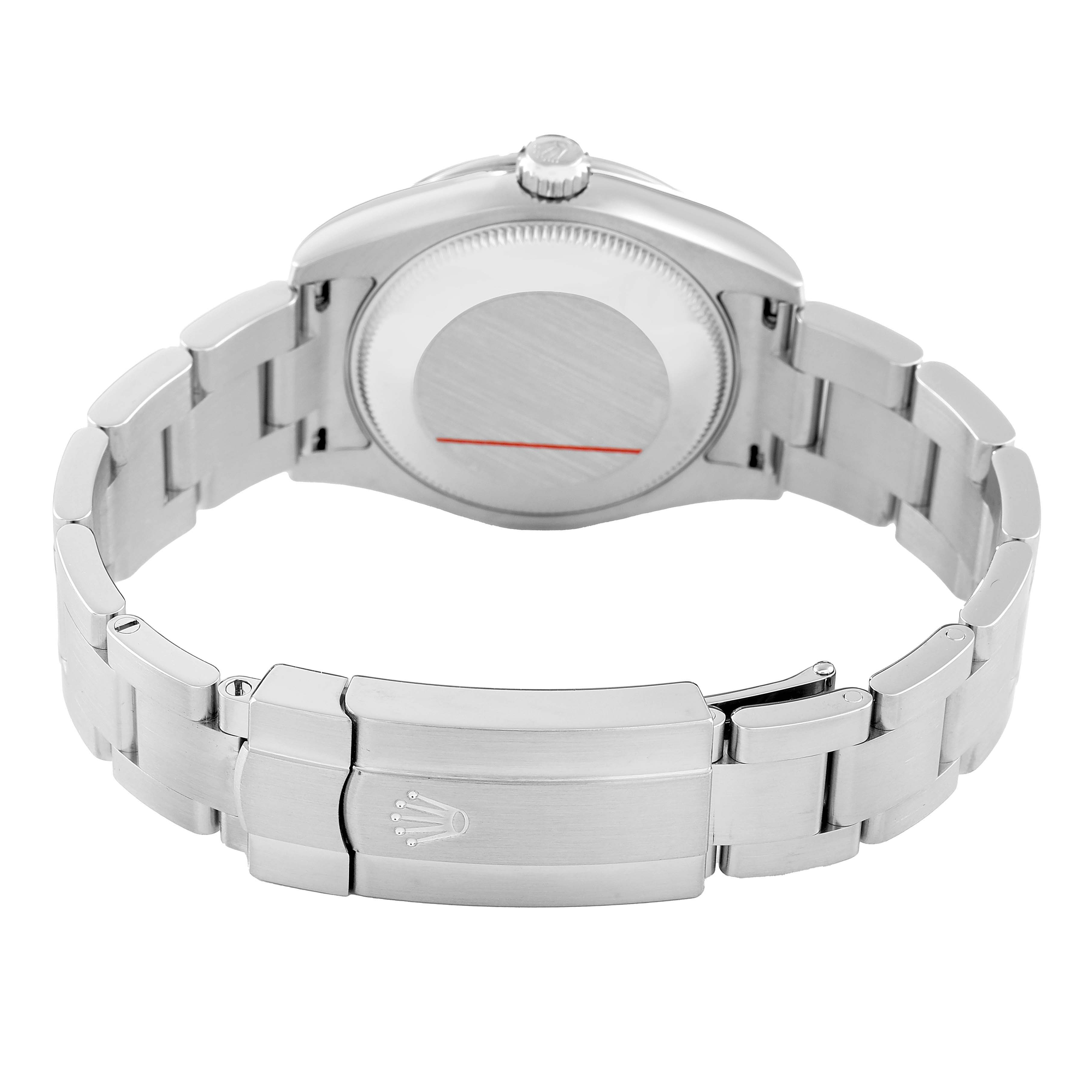 The image shows the back view of the Rolex Oyster Perpetual 177200 Women's Stainless Steel Grey Dial, highlighting the bracelet and closed clasp with the Rolex logo.