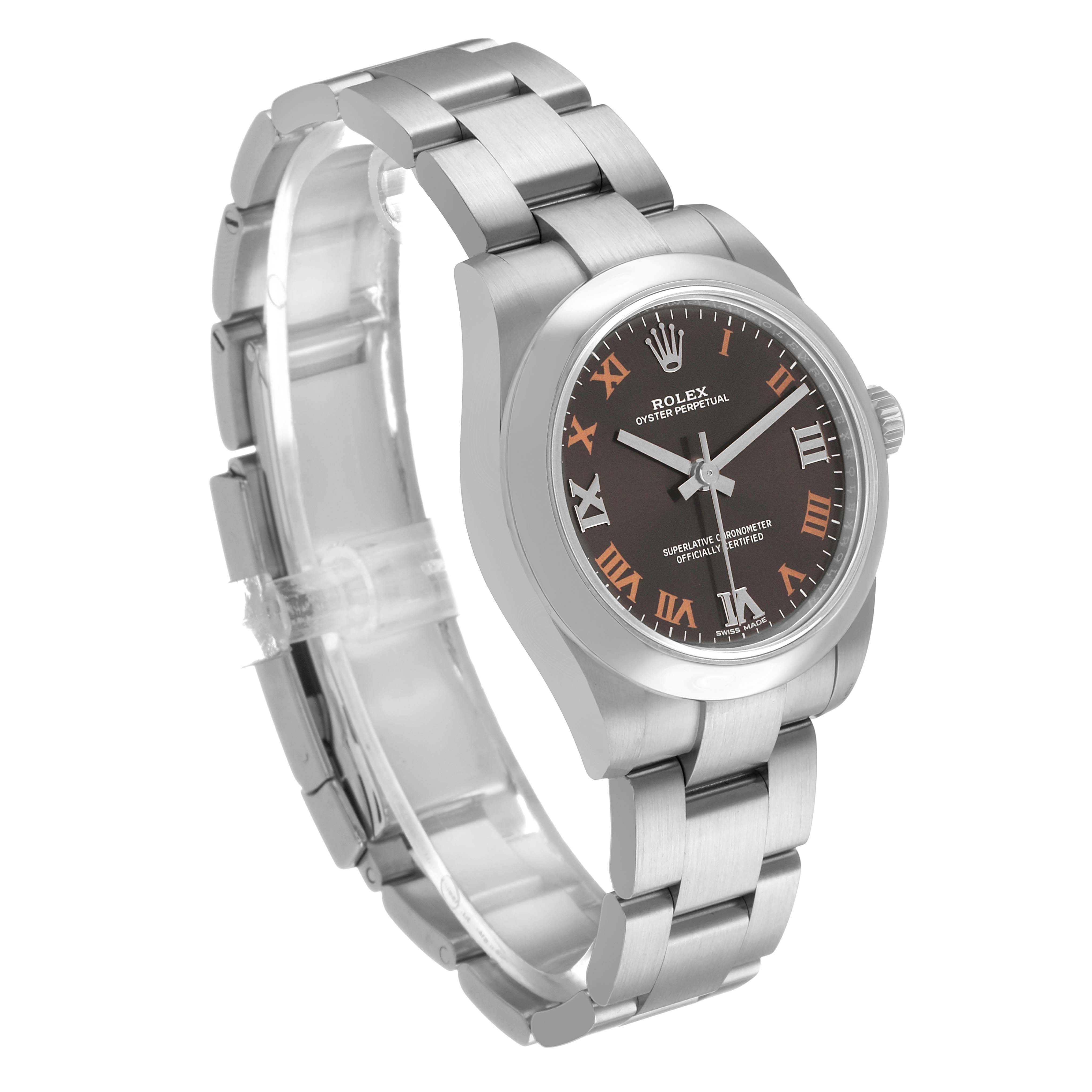 The Rolex Oyster Perpetual 177200 Women's Stainless Steel Grey Dial watch is shown at a front-left angle, highlighting the dial and the bracelet.