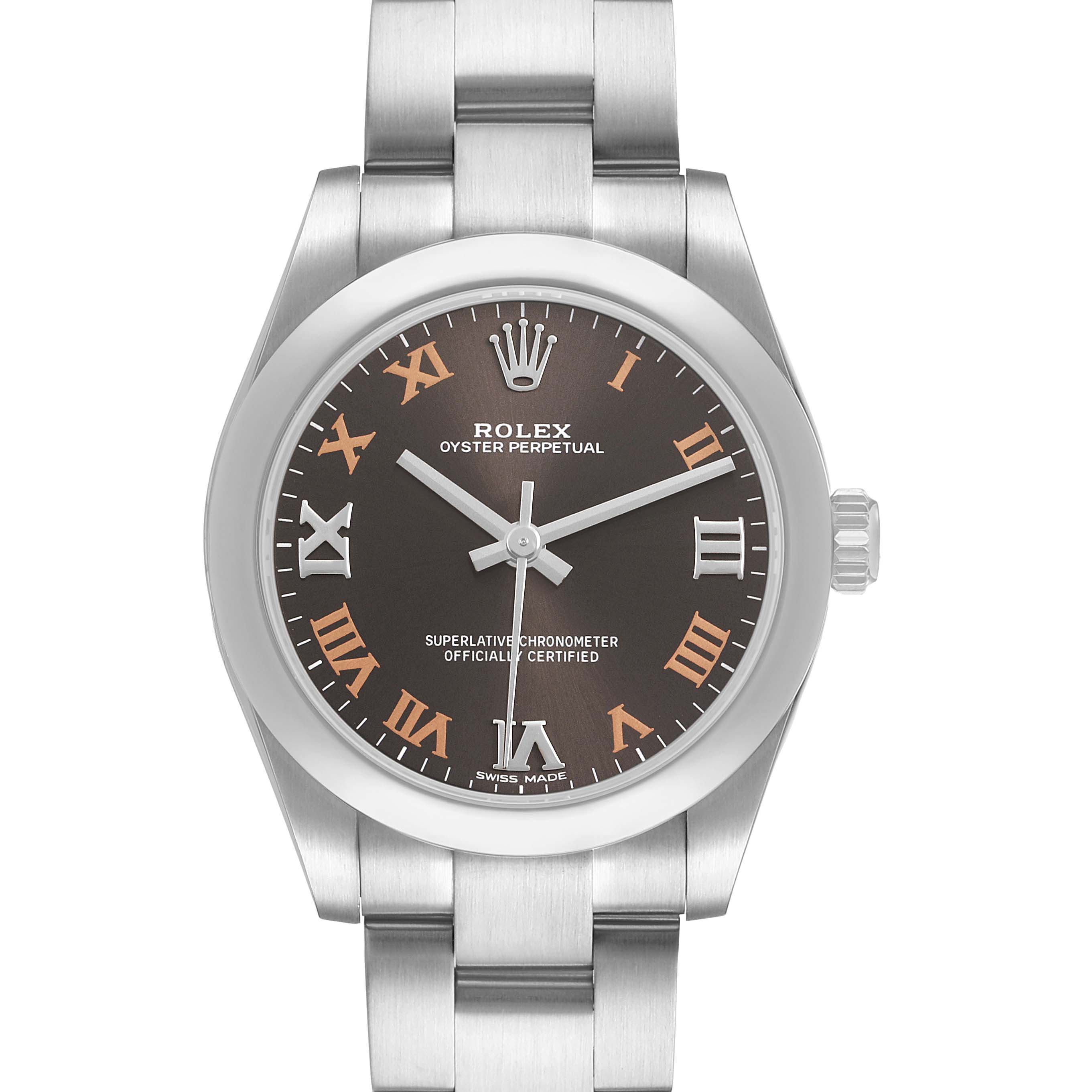 The Rolex Oyster Perpetual 177200 Women's Stainless Steel Grey Dial watch is shown from a top-down angle, highlighting the dial, bezel, and bracelet.