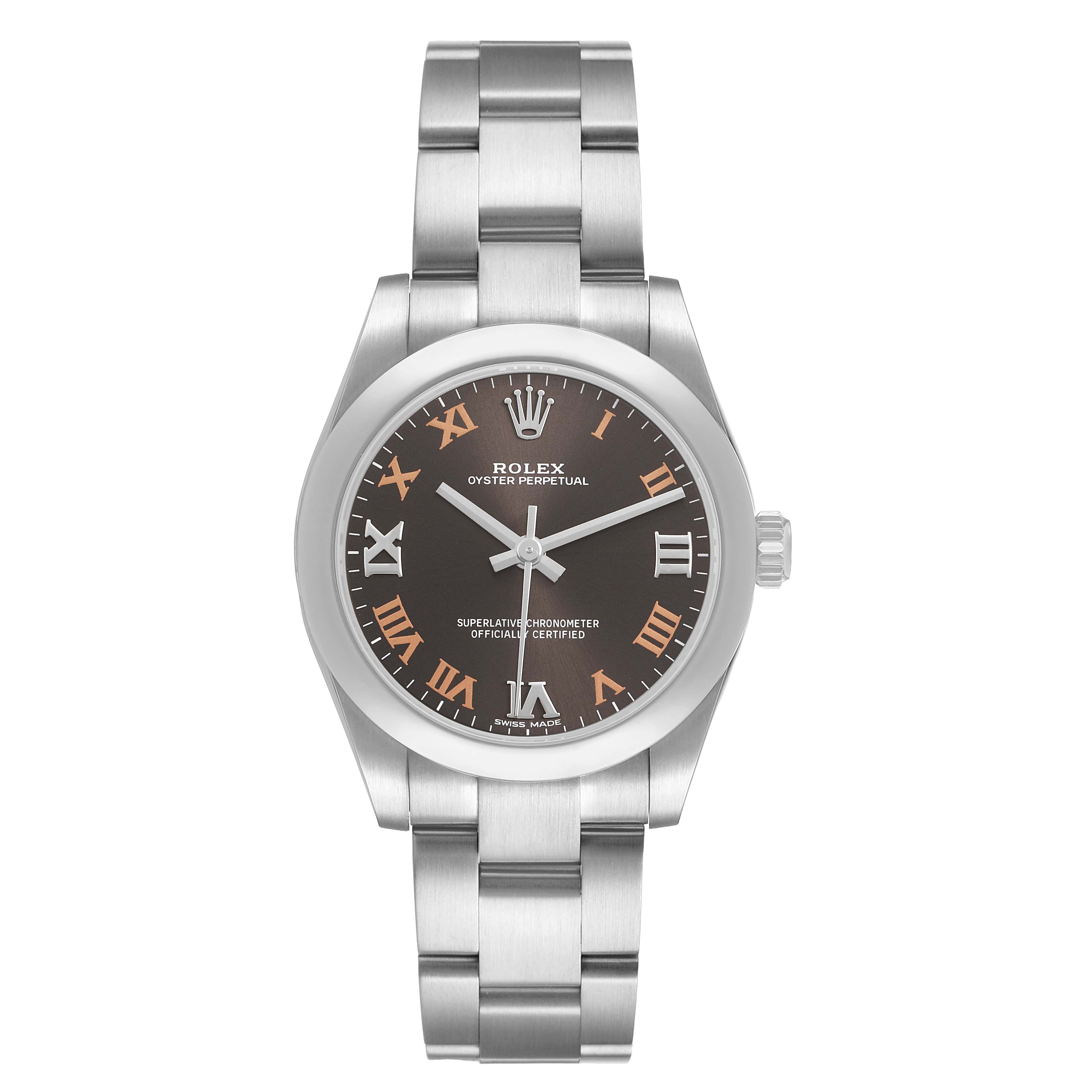 The Rolex Oyster Perpetual 177200 Women's Stainless Steel Grey Dial watch is shown from a front angle, displaying the face, case, bezel, and bracelet.