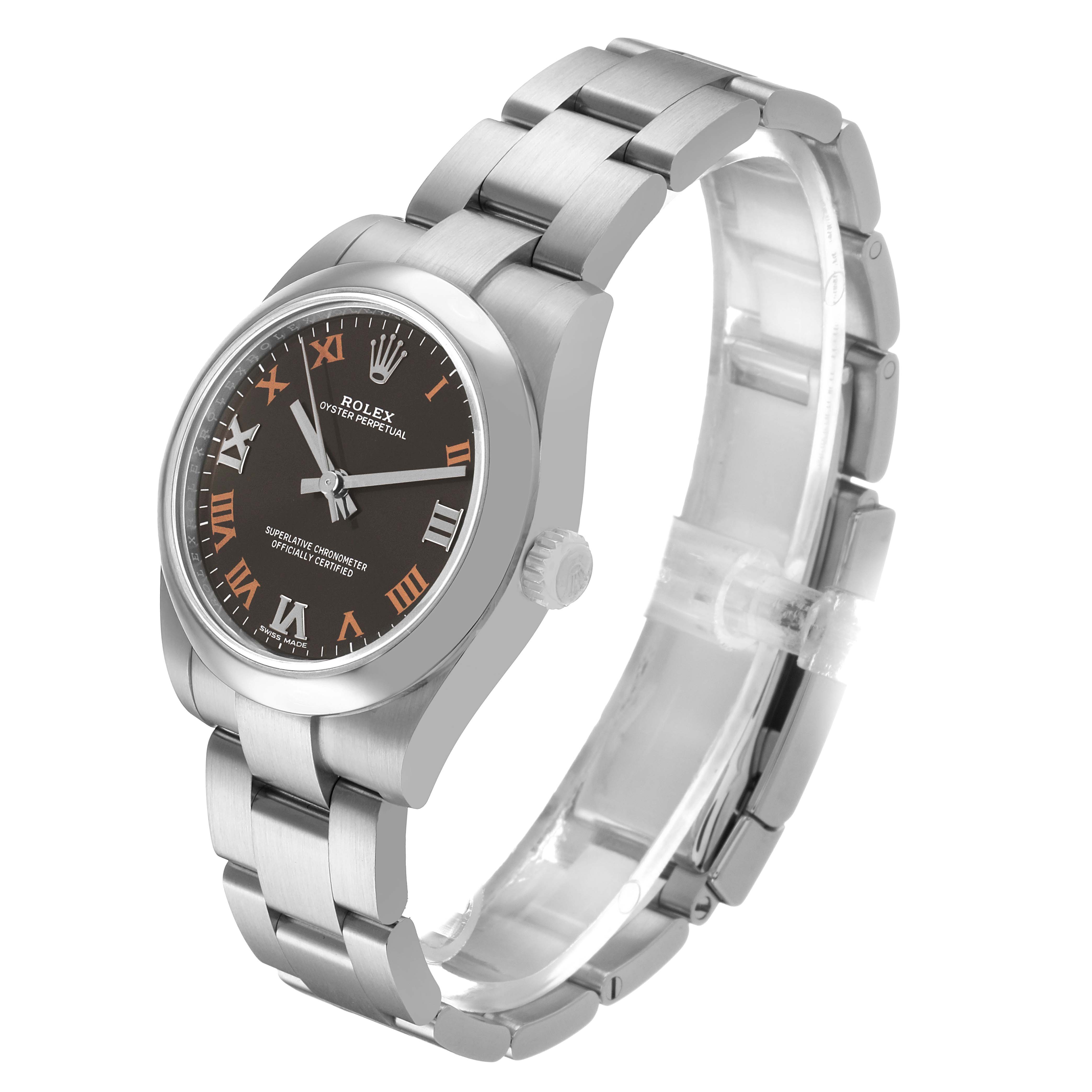 The Rolex Oyster Perpetual 177200 Women's Stainless Steel Grey Dial watch is shown at a three-quarter angle, displaying the face, bezel, crown, and part of the bracelet.