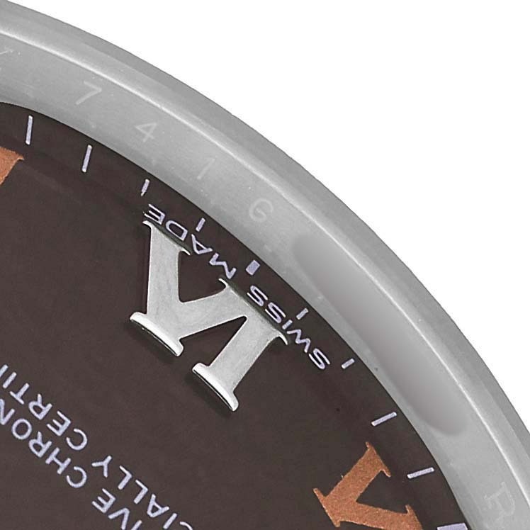 The image shows a close-up angle of the Rolex Oyster Perpetual 177200 Women's Stainless Steel Grey Dial watch face, highlighting the edge, dial, and part of the "Swiss Made" text.