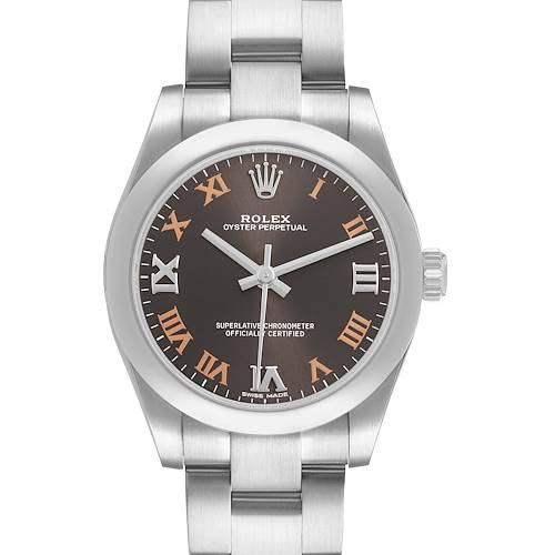 The Rolex Oyster Perpetual 177200 Women's Stainless Steel Grey Dial watch is shown from a front angle, displaying the face, bezel, and bracelet.