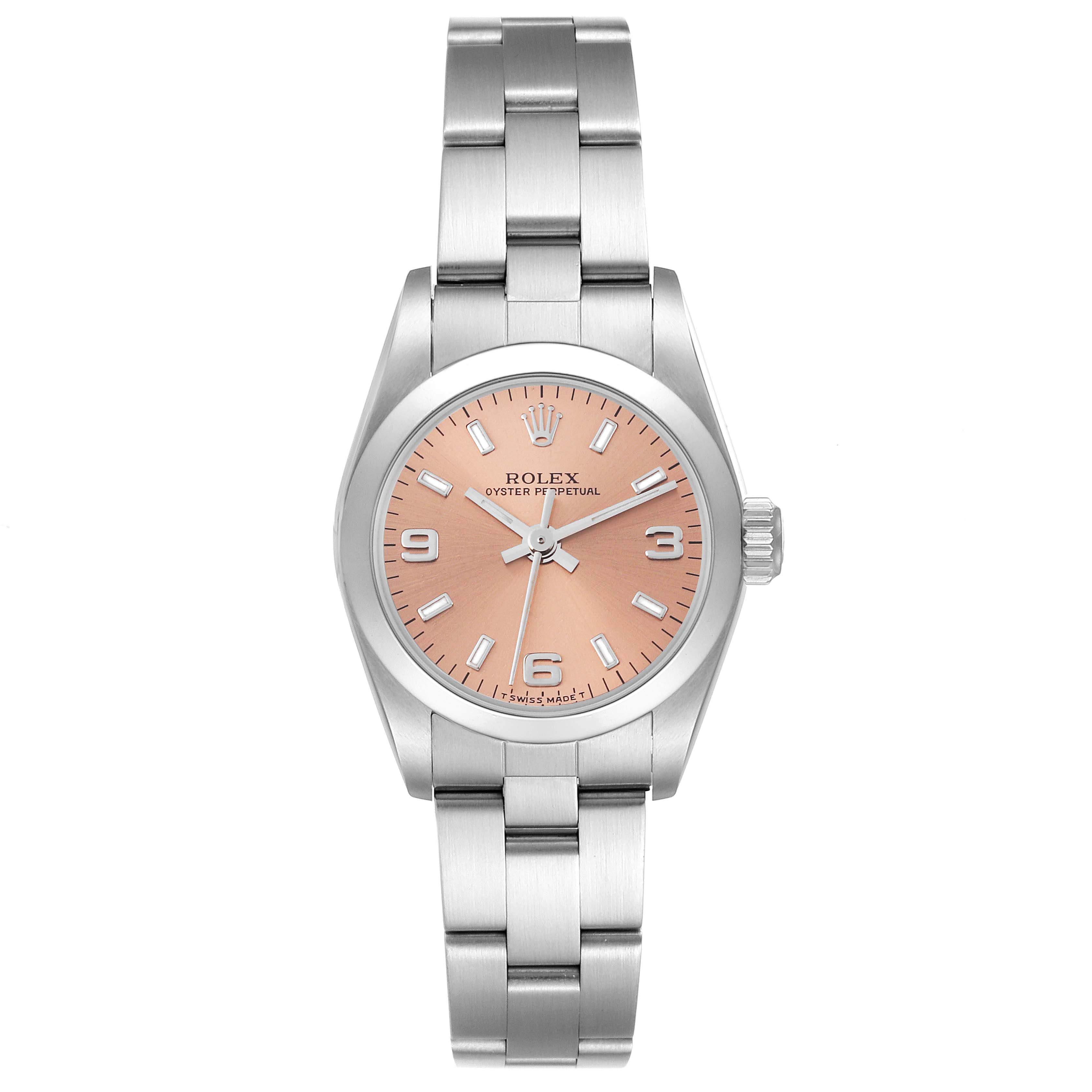 The image shows a front view of a Rolex Oyster Perpetual 67180 Women's Stainless Steel Pink Dial 67180 Women's Stainless Steel Pink Dial watch, featuring the dial, bracelet, and crown.