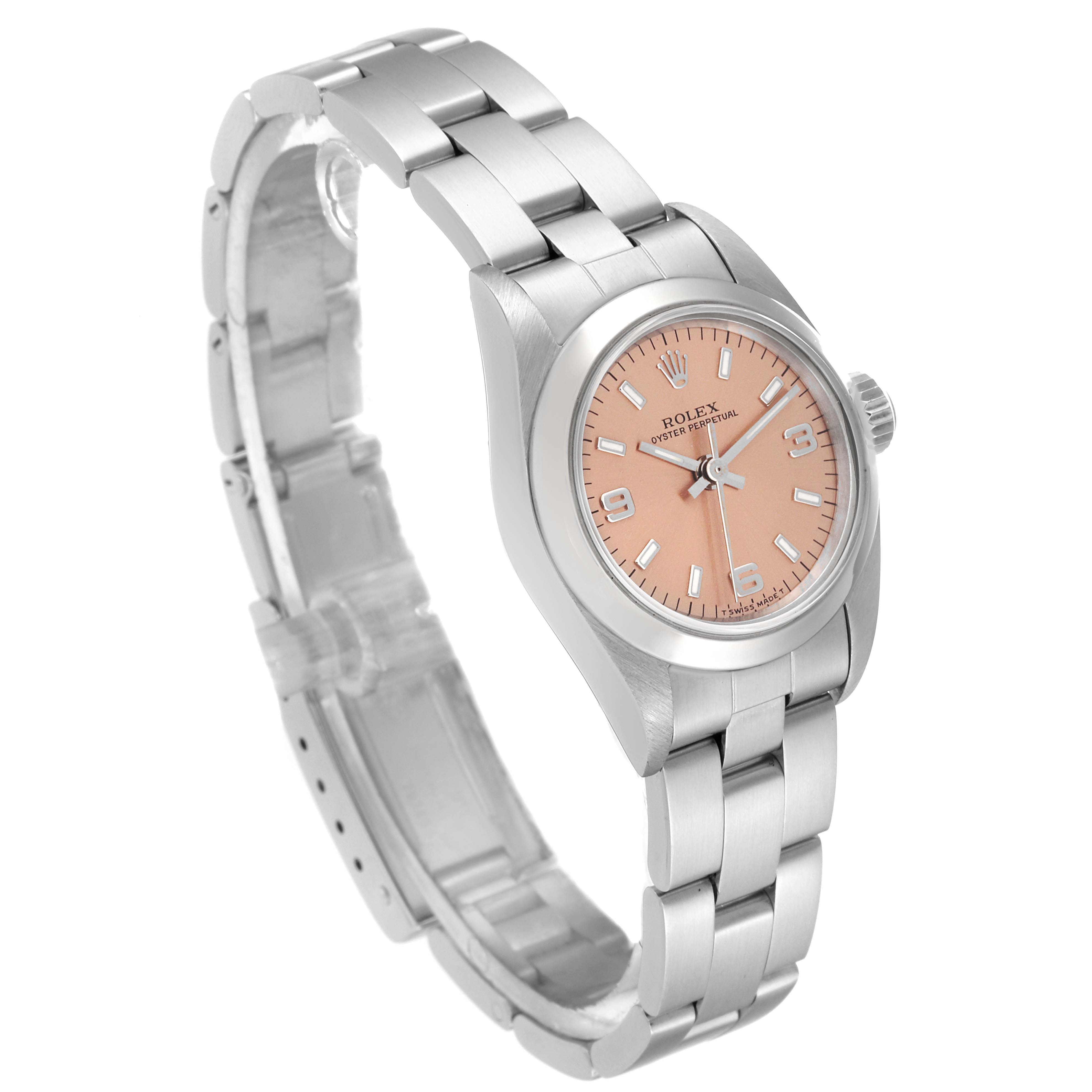 The Rolex Oyster Perpetual 67180 Women's Stainless Steel Pink Dial 67180 Women's Stainless Steel Pink Dial watch is shown at a slight angle, highlighting its bracelet, case, crown, and salmon-colored dial.