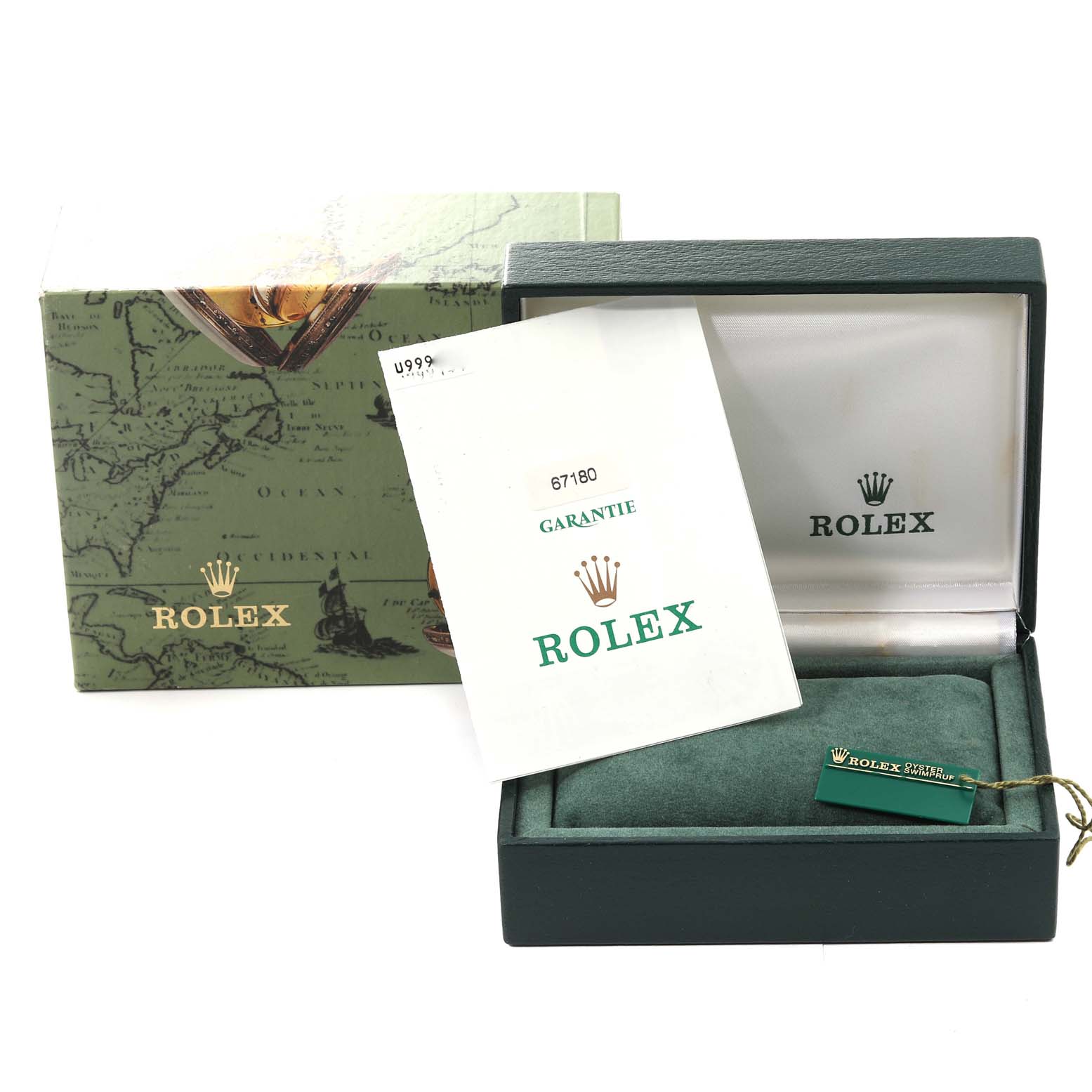 The image shows the box, tag, and guarantee card for a Rolex Oyster Perpetual 67180 Women's Stainless Steel Pink Dial 67180 Women's Stainless Steel Pink Dial watch, without the watch itself.