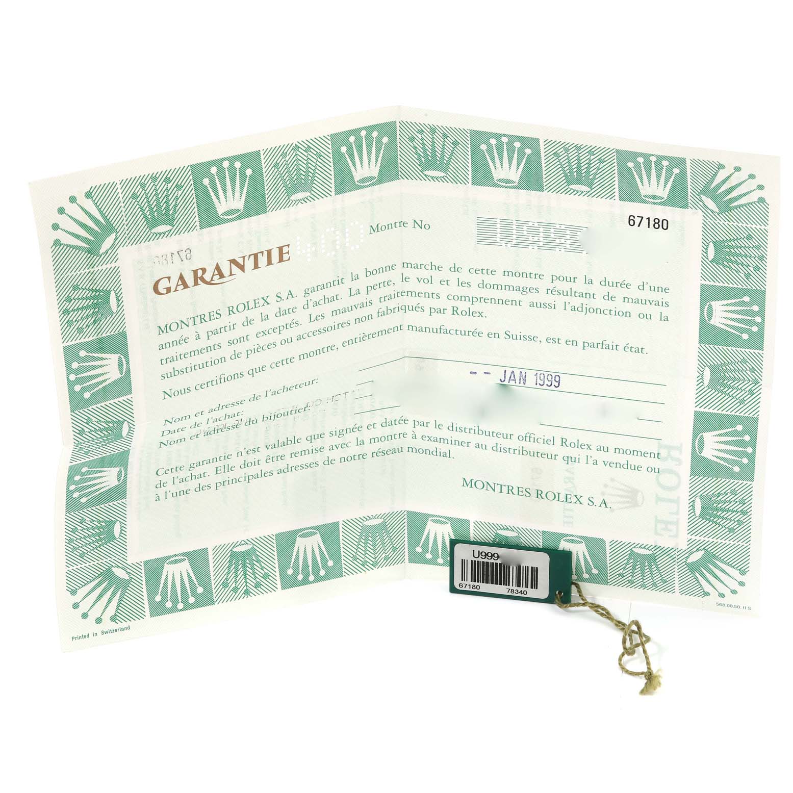 The image shows a folded guarantee certificate for a Rolex Oyster Perpetual 67180 Women's Stainless Steel Pink Dial 67180 Women's Stainless Steel Pink Dial model, along with a tag displaying its model and serial number.