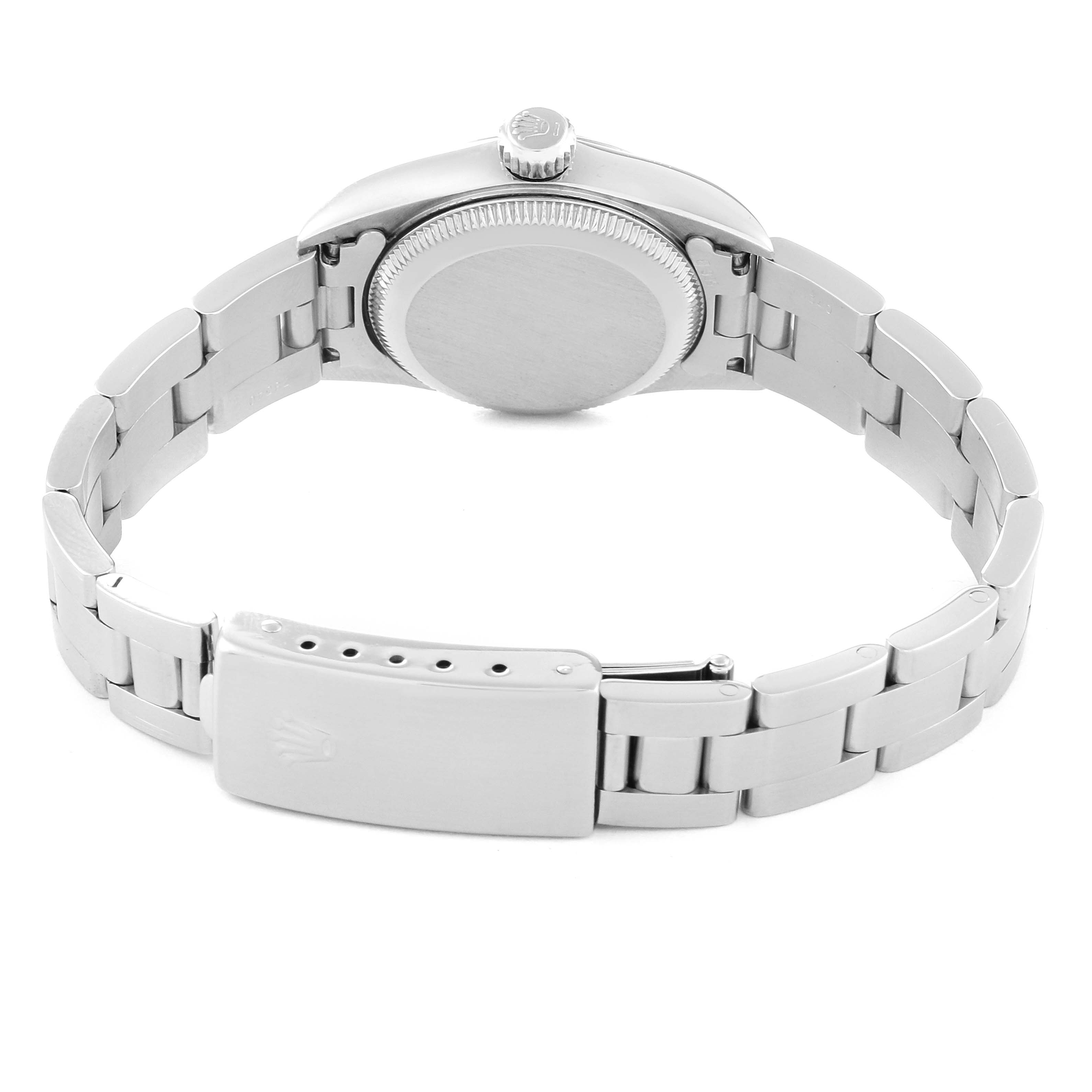 The image shows the back view of a Rolex Oyster Perpetual 67180 Women's Stainless Steel Pink Dial 67180 Women's Stainless Steel Pink Dial watch, highlighting the bracelet, clasp, case back, and crown.