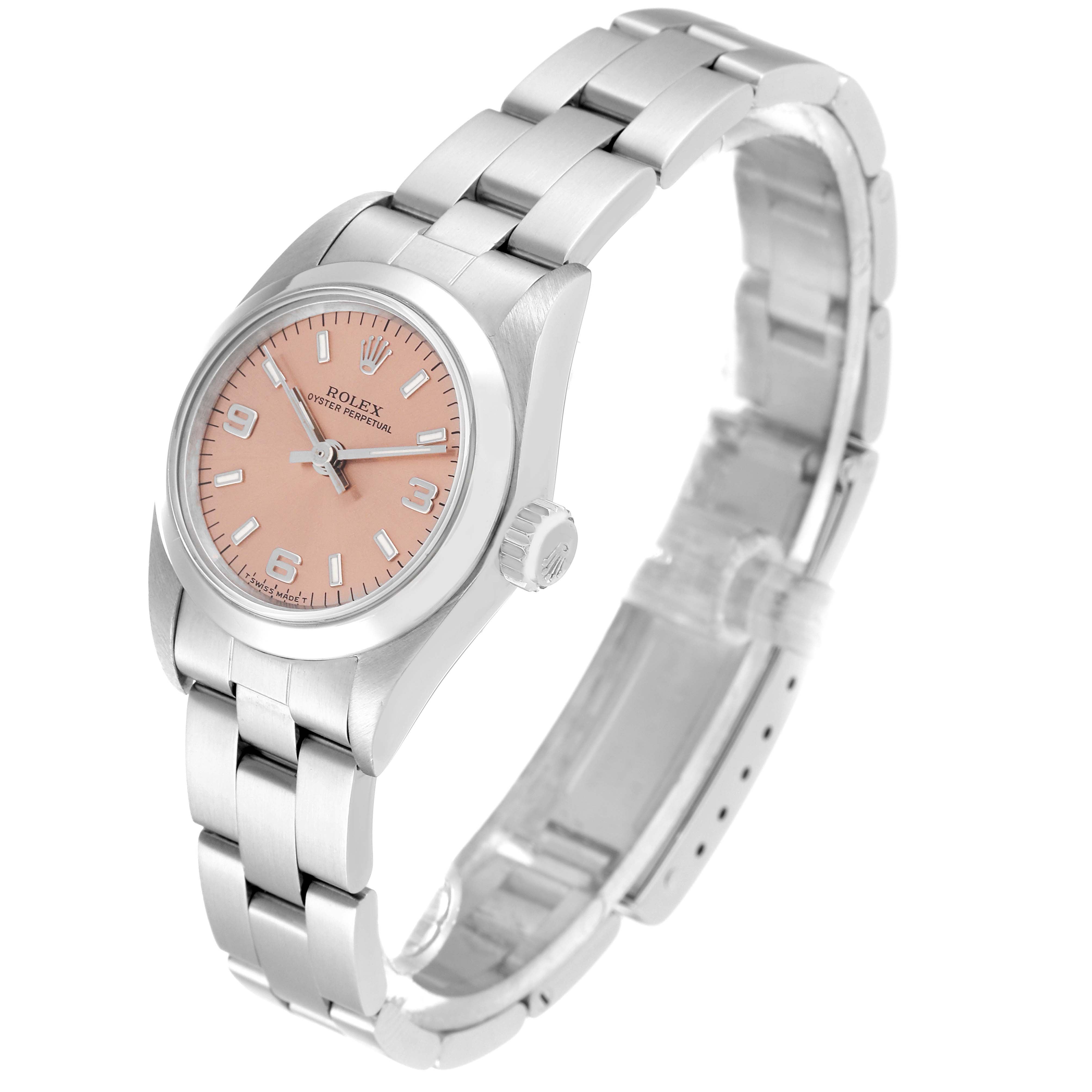 The image shows a side and front angle of the Rolex Oyster Perpetual 67180 Women's Stainless Steel Pink Dial 67180 Women's Stainless Steel Pink Dial watch, highlighting the pink dial, case, and bracelet.