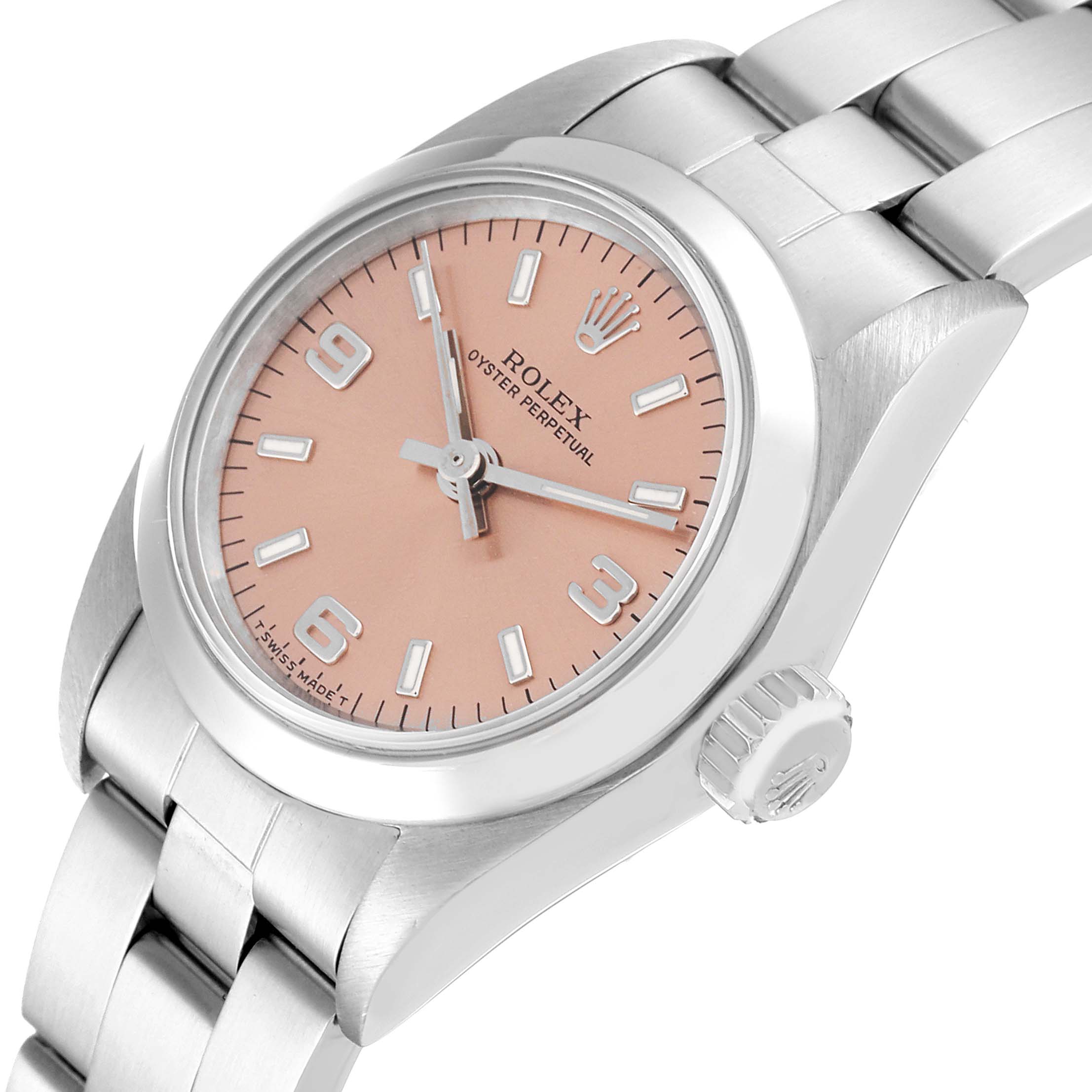 This image shows a close-up, angled view of the Rolex Oyster Perpetual 67180 Women's Stainless Steel Pink Dial 67180 Women's Stainless Steel Pink Dial watch, displaying the dial, bracelet, and crown.