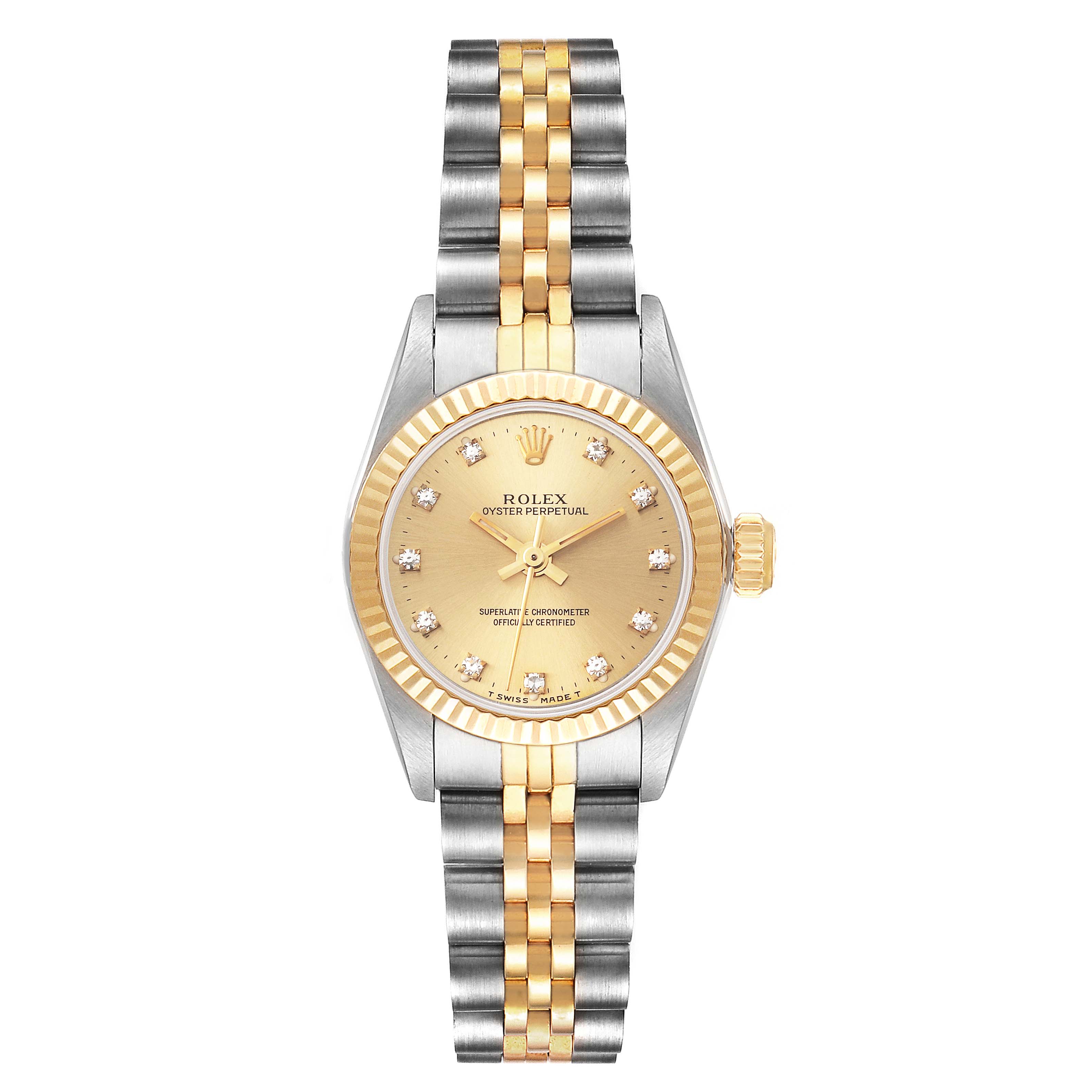 The image shows a Rolex Oyster Perpetual M67193 Women's Steel and Gold (two tone) Champagne Dial M67193 Women's Steel and Gold (two tone) Champagne Dial watch with a gold and silver bracelet, gold face, and diamond hour markers, viewed from the front.