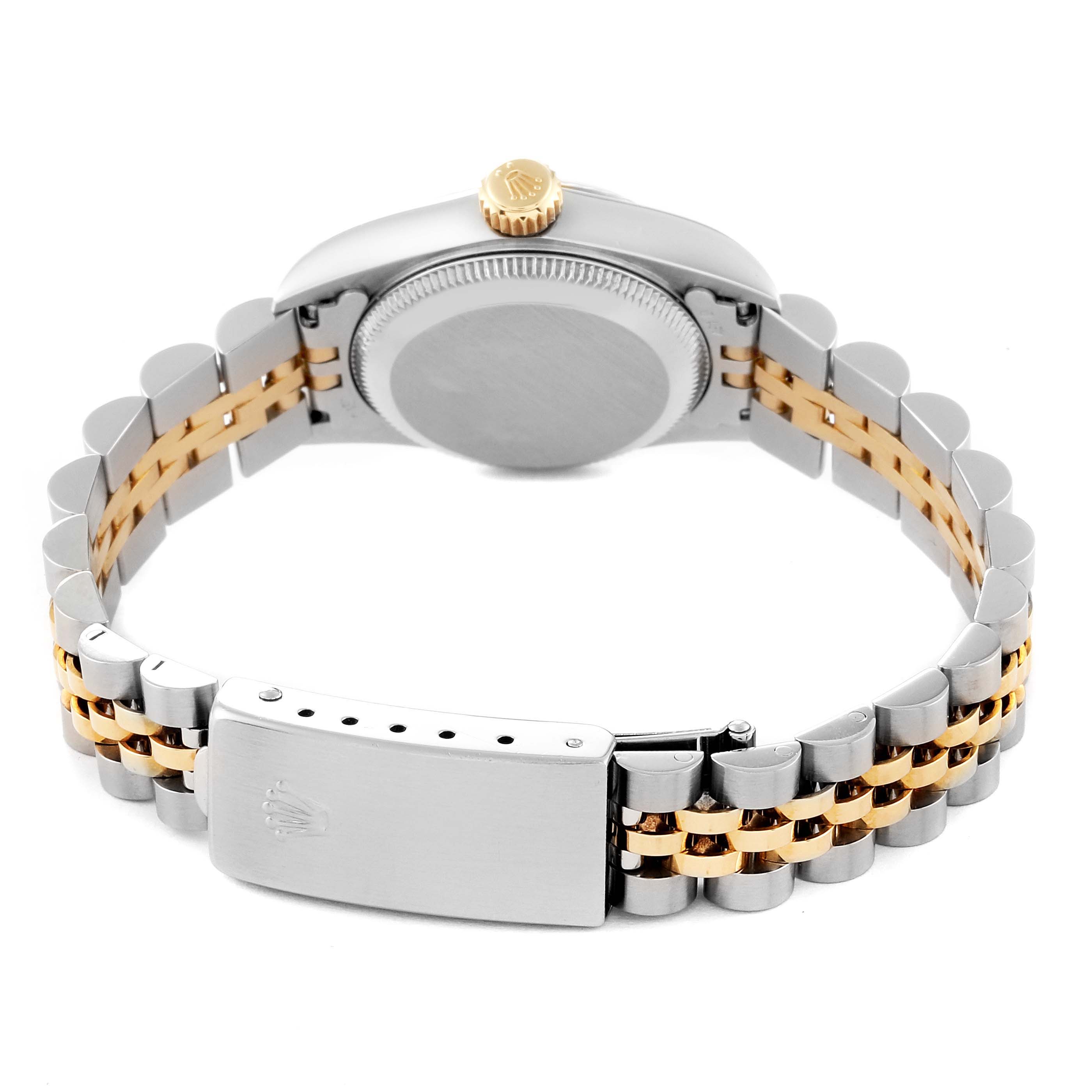 The image shows the back view of a Rolex Oyster Perpetual M67193 Women's Steel and Gold (two tone) Champagne Dial M67193 Women's Steel and Gold (two tone) Champagne Dial watch displaying its closed bracelet and the caseback.