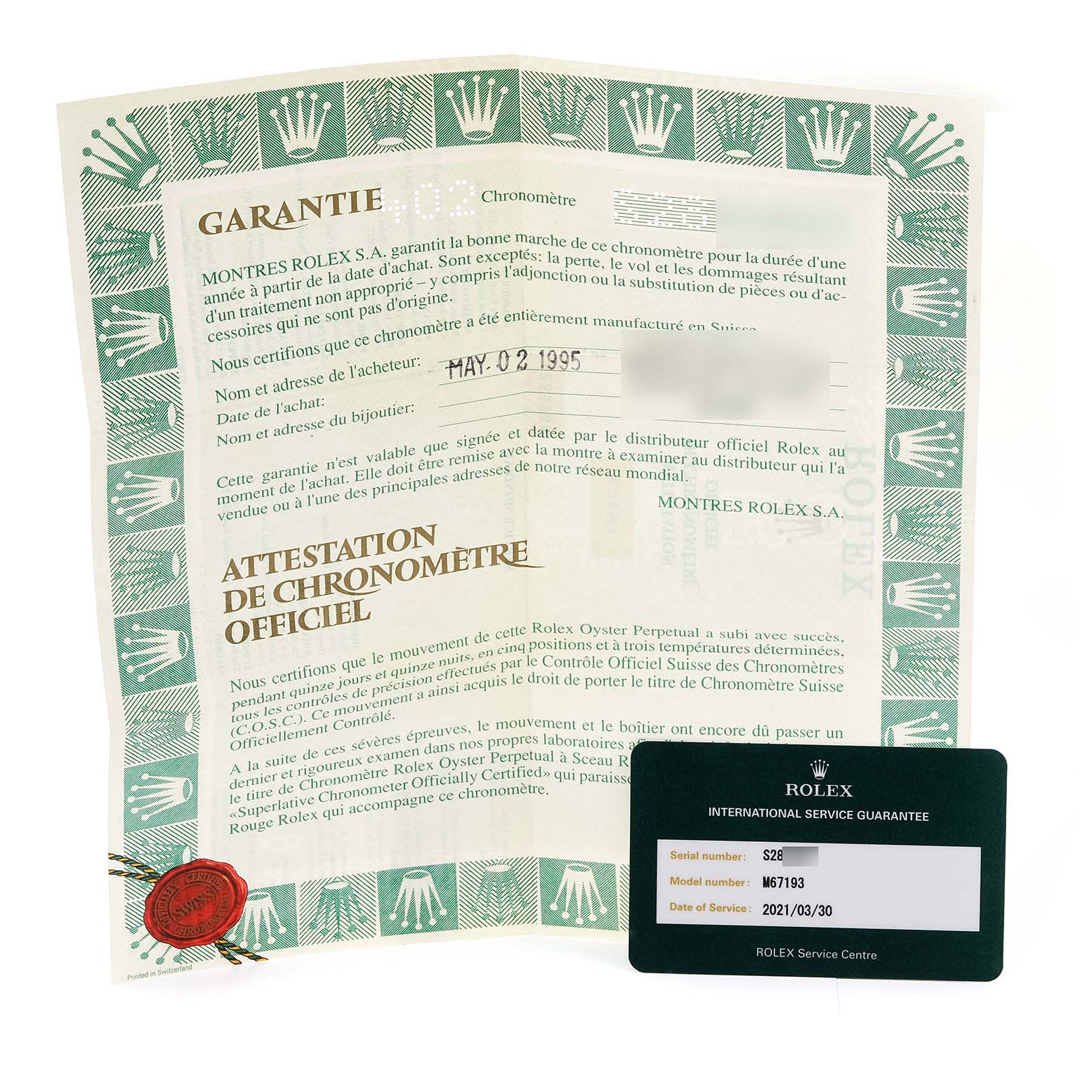 The image shows warranty and chronometer certification documents for a Rolex Oyster Perpetual M67193 Women's Steel and Gold (two tone) Champagne Dial M67193 Women's Steel and Gold (two tone) Champagne Dial model, along with an international service guarantee card.