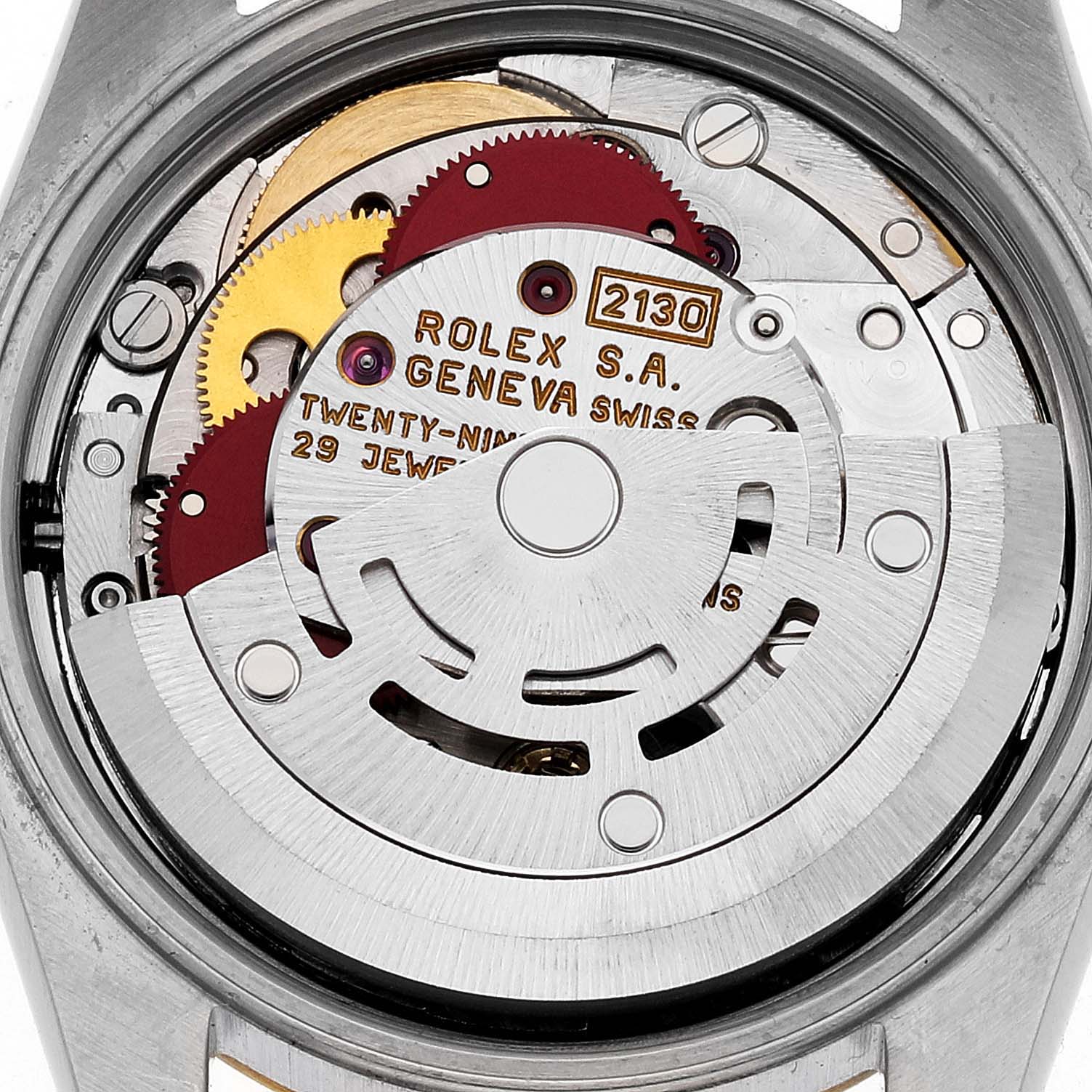 This image shows the internal mechanism of a Rolex Oyster Perpetual M67193 Women's Steel and Gold (two tone) Champagne Dial M67193 Women's Steel and Gold (two tone) Champagne Dial watch, highlighting its movement components.