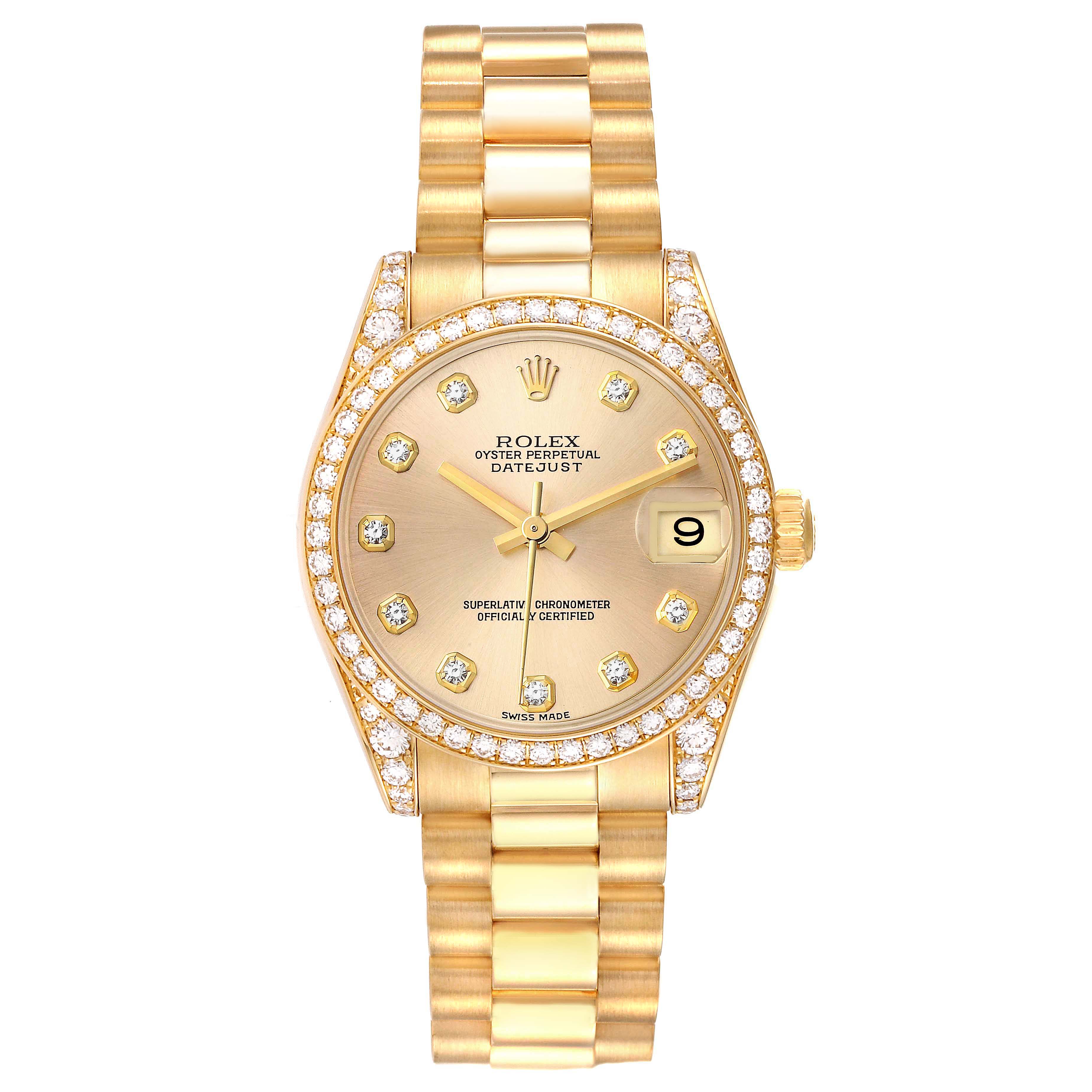 The image shows a front view of the Rolex President 178158 Women
s Yellow Gold Champagne Dial 178158 Women
s Yellow Gold Champagne Dial model watch, featuring its gold bracelet, diamond bezel, and dial.