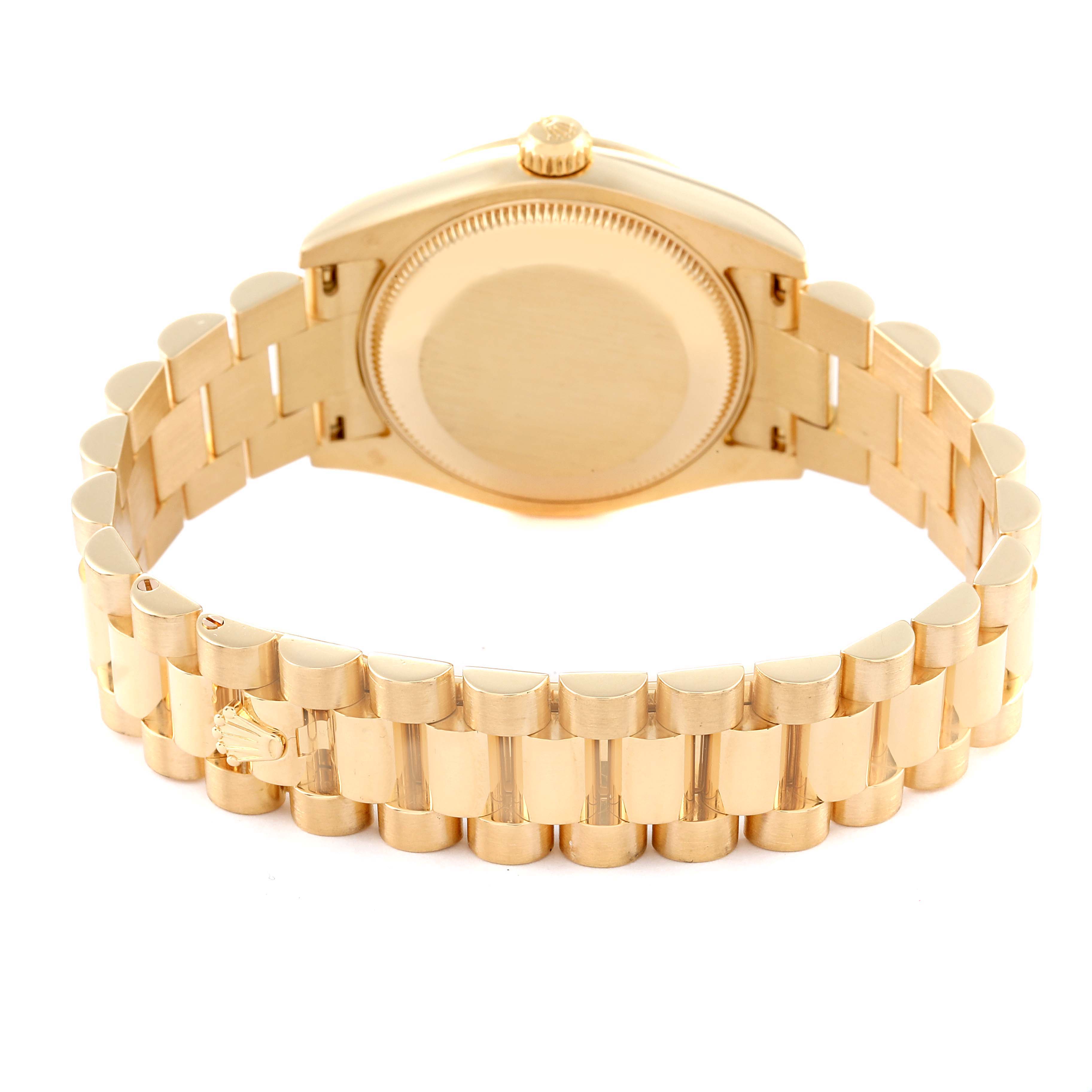 This image shows the back and bracelet of a Rolex President 178158 Women
s Yellow Gold Champagne Dial 178158 Women
s Yellow Gold Champagne Dial model watch, featuring a gold finish.