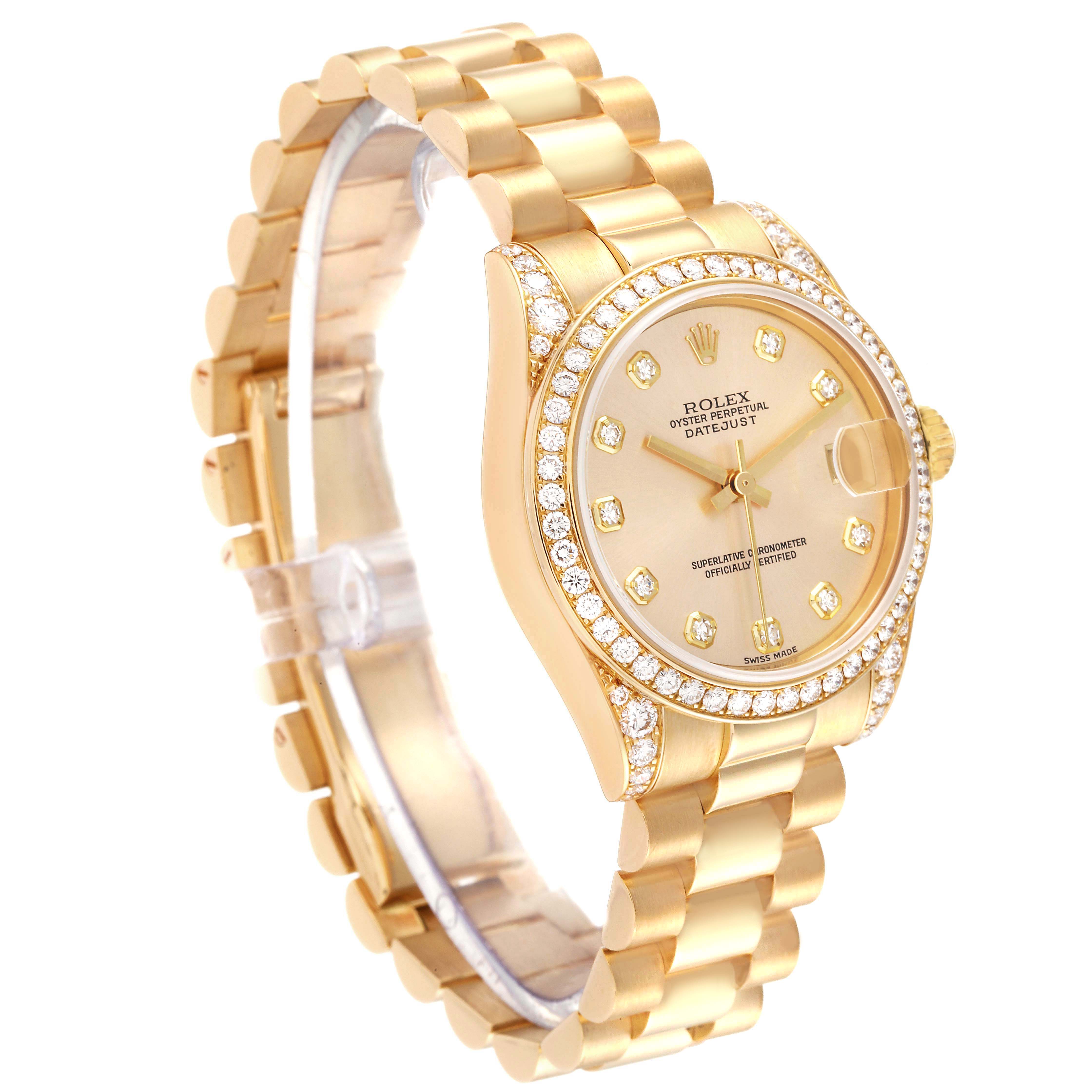 The image shows a Rolex President 178158 Women
s Yellow Gold Champagne Dial 178158 Women
s Yellow Gold Champagne Dial model watch at a three-quarter angle, displaying its gold bracelet, diamond bezel, and dial.