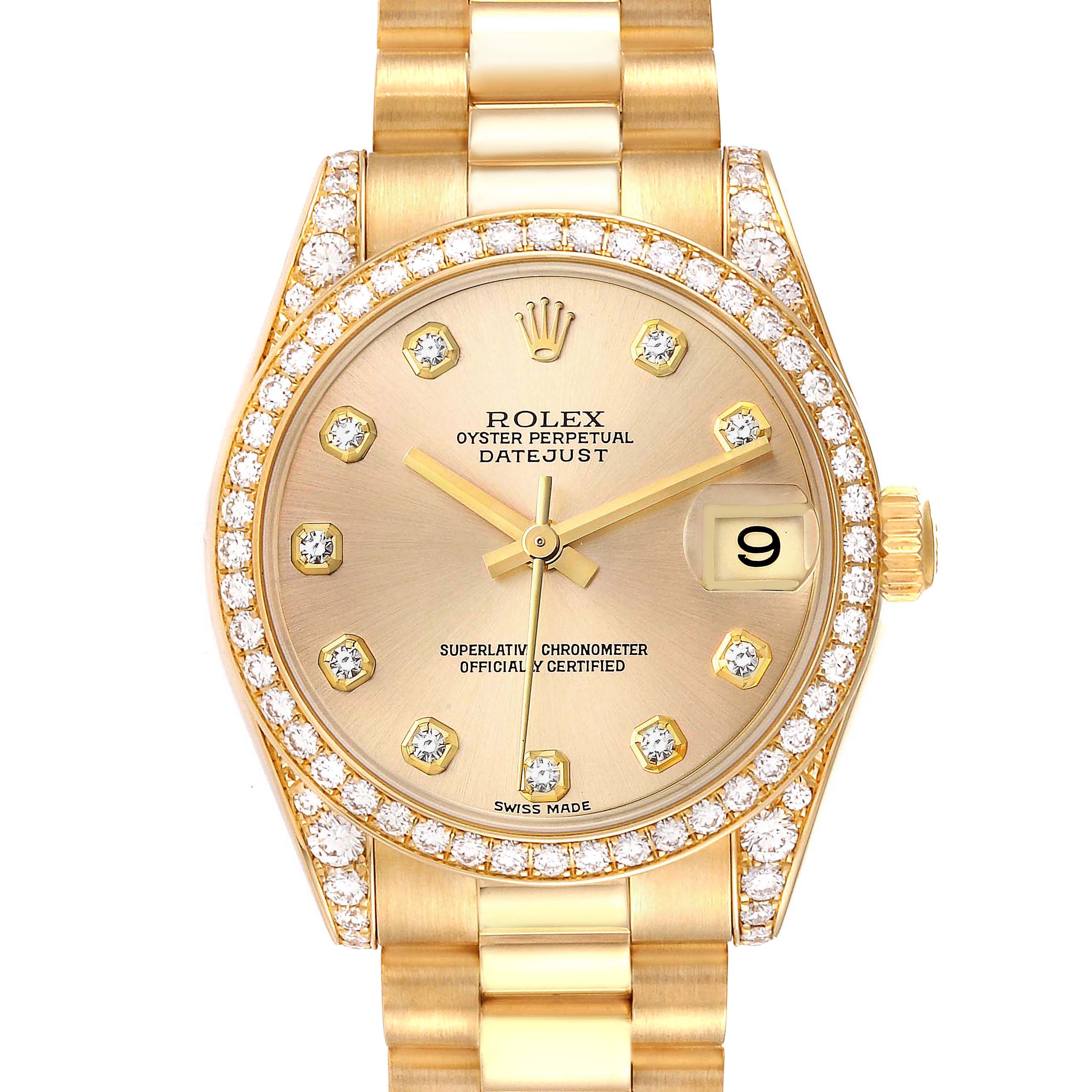 The image shows a Rolex President 178158 Women
s Yellow Gold Champagne Dial 178158 Women
s Yellow Gold Champagne Dial model watch facing directly forward, highlighting the dial, bezel, and part of the bracelet.