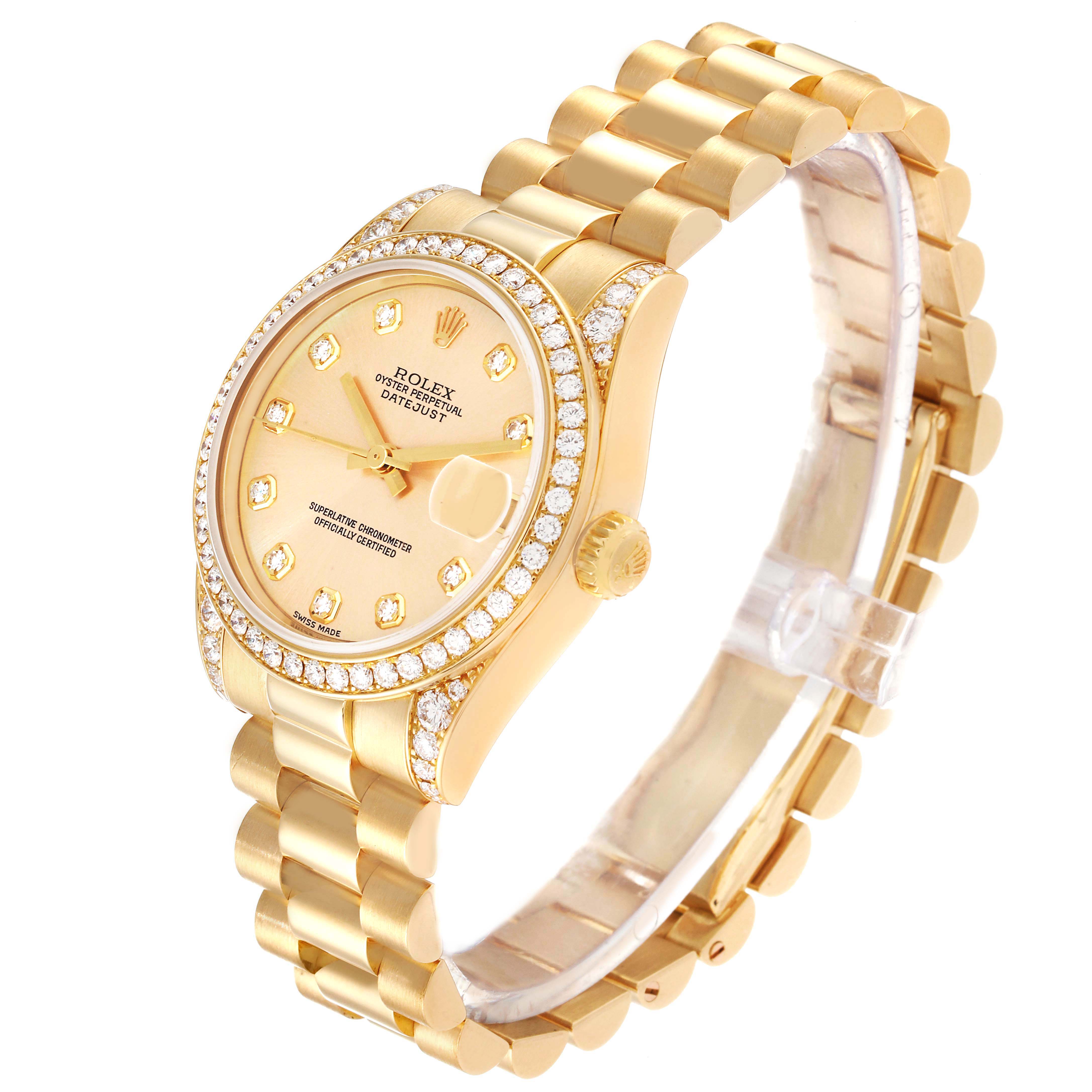This image shows a Rolex President 178158 Women
s Yellow Gold Champagne Dial 178158 Women
s Yellow Gold Champagne Dial model watch at a 3/4 angle, displaying the dial, bezel with diamonds, and bracelet.