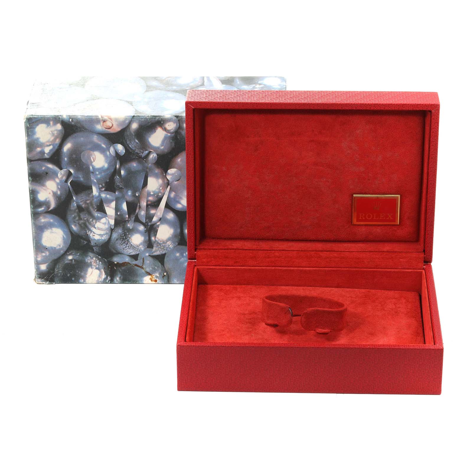 This image shows an open red Rolex President 178158 Women
s Yellow Gold Champagne Dial 178158 Women
s Yellow Gold Champagne Dial watch box with the Rolex brand logo visible inside.